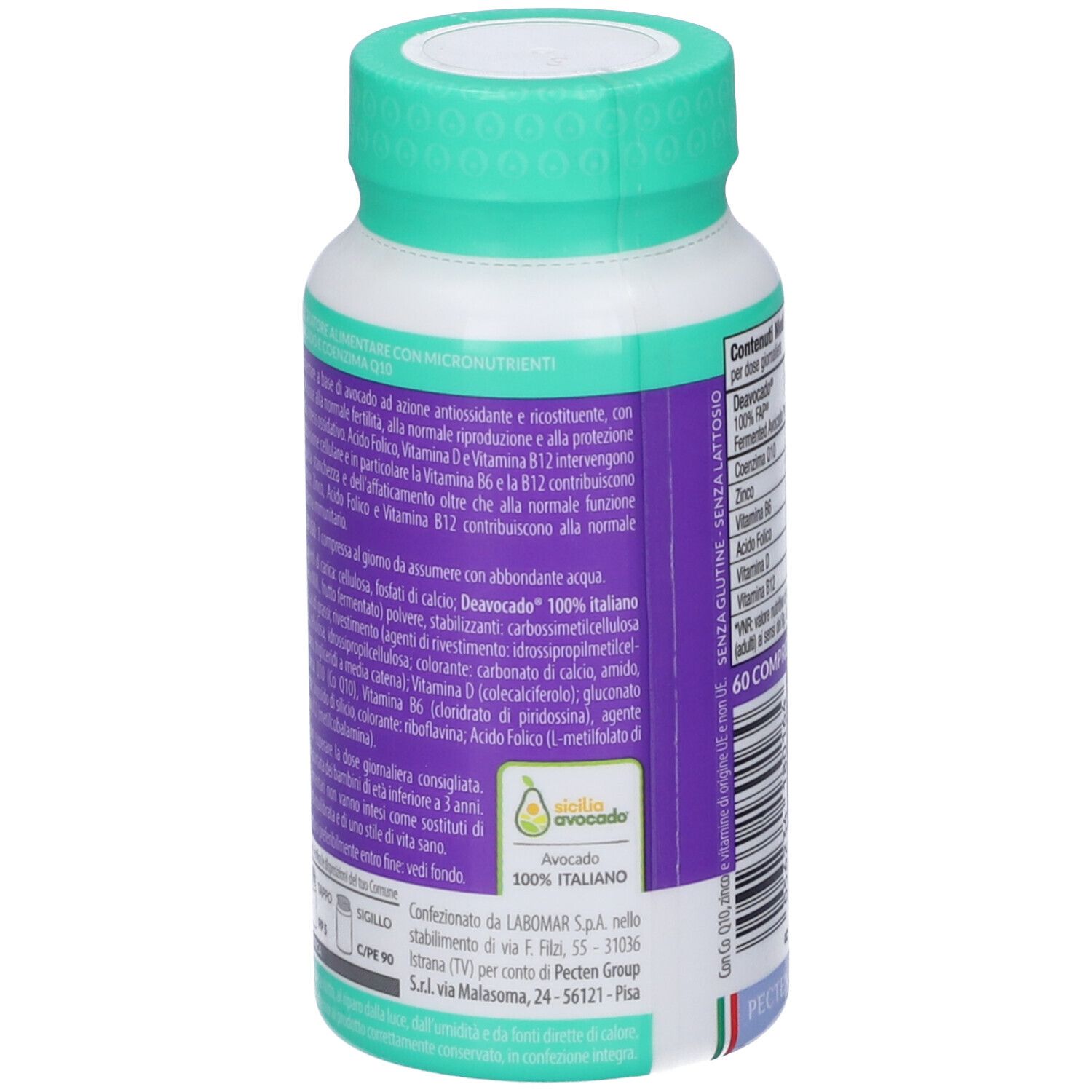 Flacone di compresse Deavocado. Scritta: Daily Support Hormonal Balance. Contiene 60 compresse. Tappo verde.