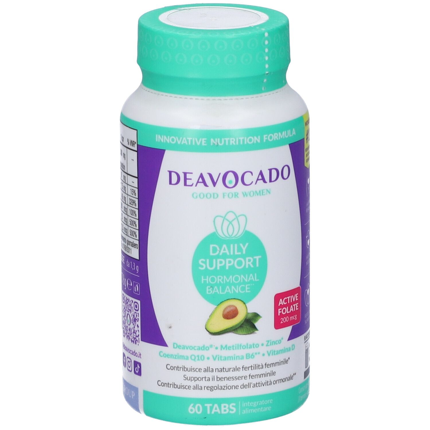 Flacone di compresse Deavocado. Scritta: Daily Support Hormonal Balance. Contiene 60 compresse. Tappo verde.