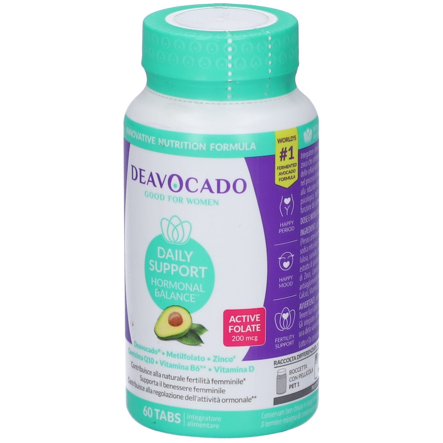 Flacone di compresse Deavocado. Scritta: Daily Support Hormonal Balance. Contiene 60 compresse. Tappo verde.