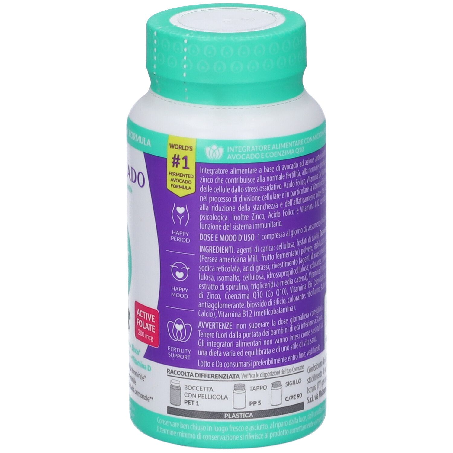 Retro del flacone di compresse Deavocado. Informazioni sugli ingredienti e valori nutrizionali. 60 compresse.