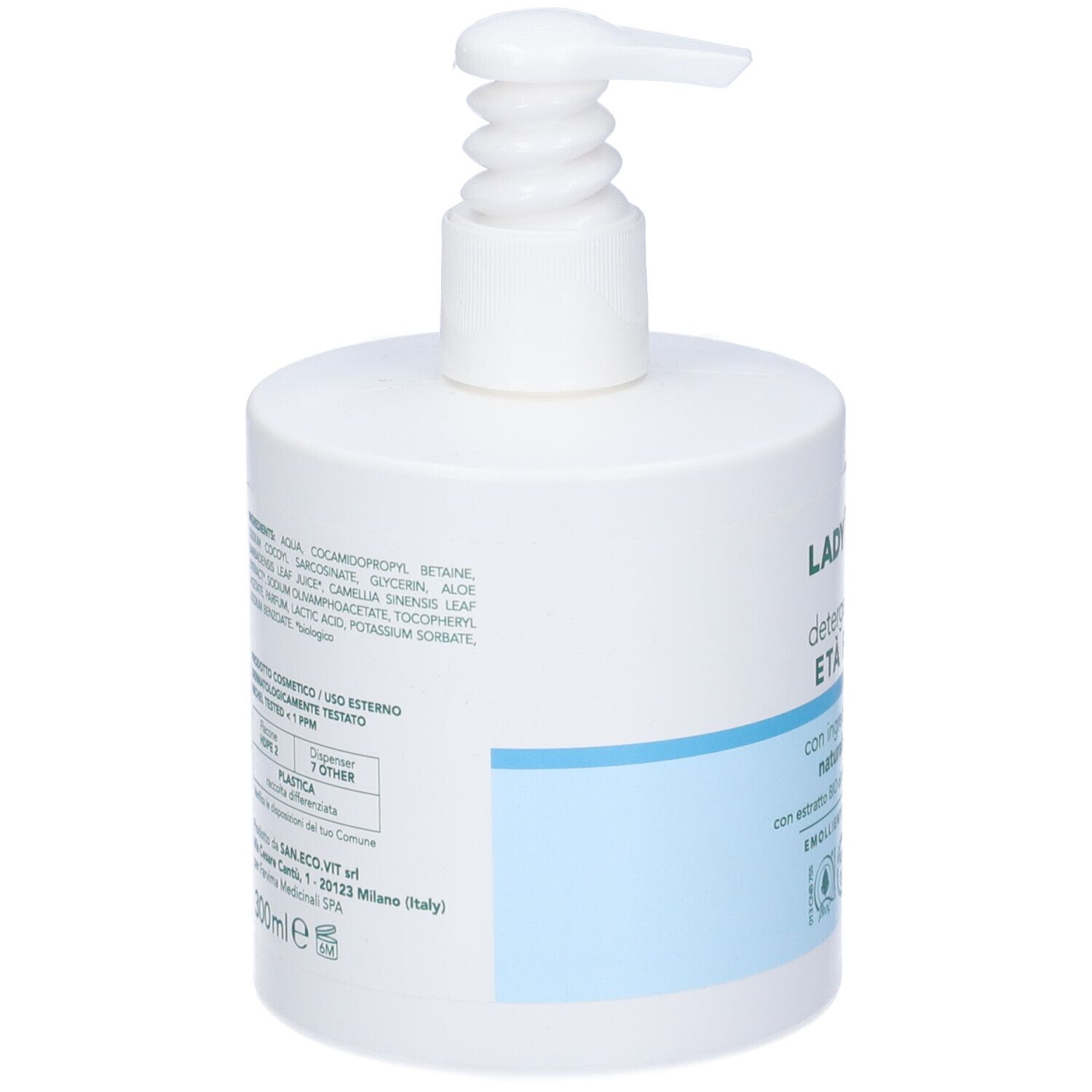 Dispenser bianco con pompa. Retro con ingredienti e informazioni produttore. Fascia blu. Testo in italiano.