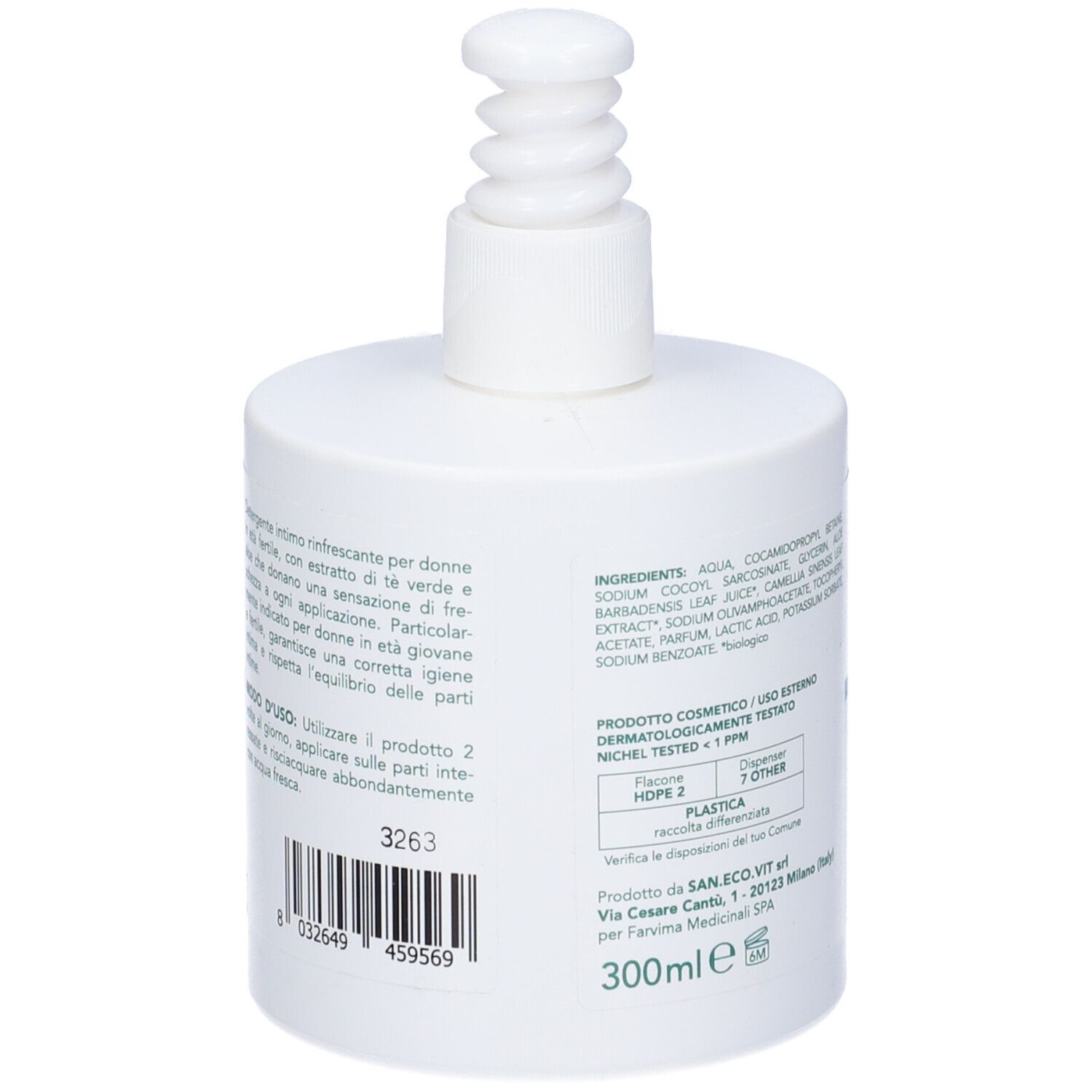 Dispenser bianco con pompa. Retro con testo e codice a barre. Testo in italiano. 300ml.