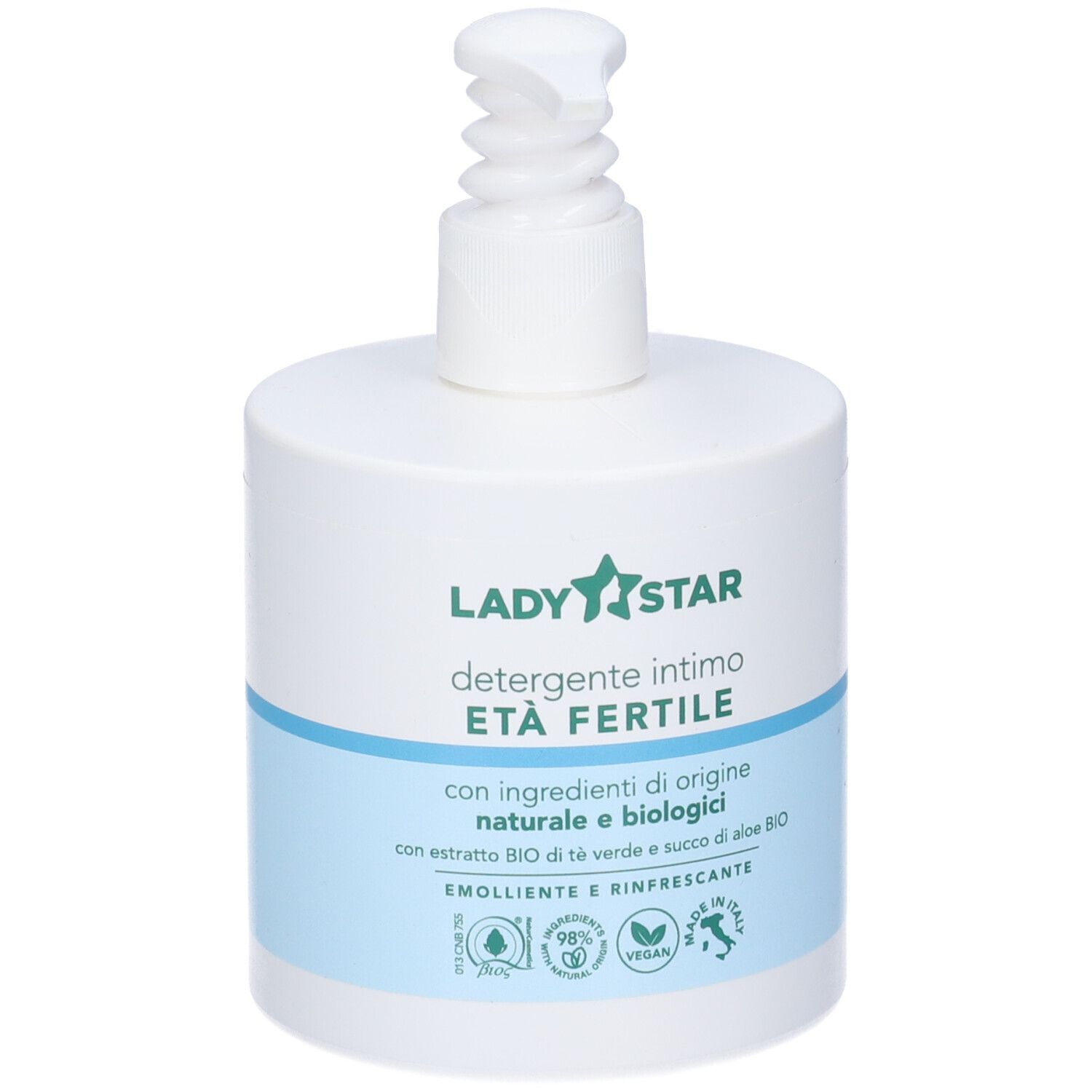 Dispenser bianco con pompa. Scritta: Ladystar, Detergente intimo ETA FERTILE. Fascia blu con testo. Loghi verde e bianco.