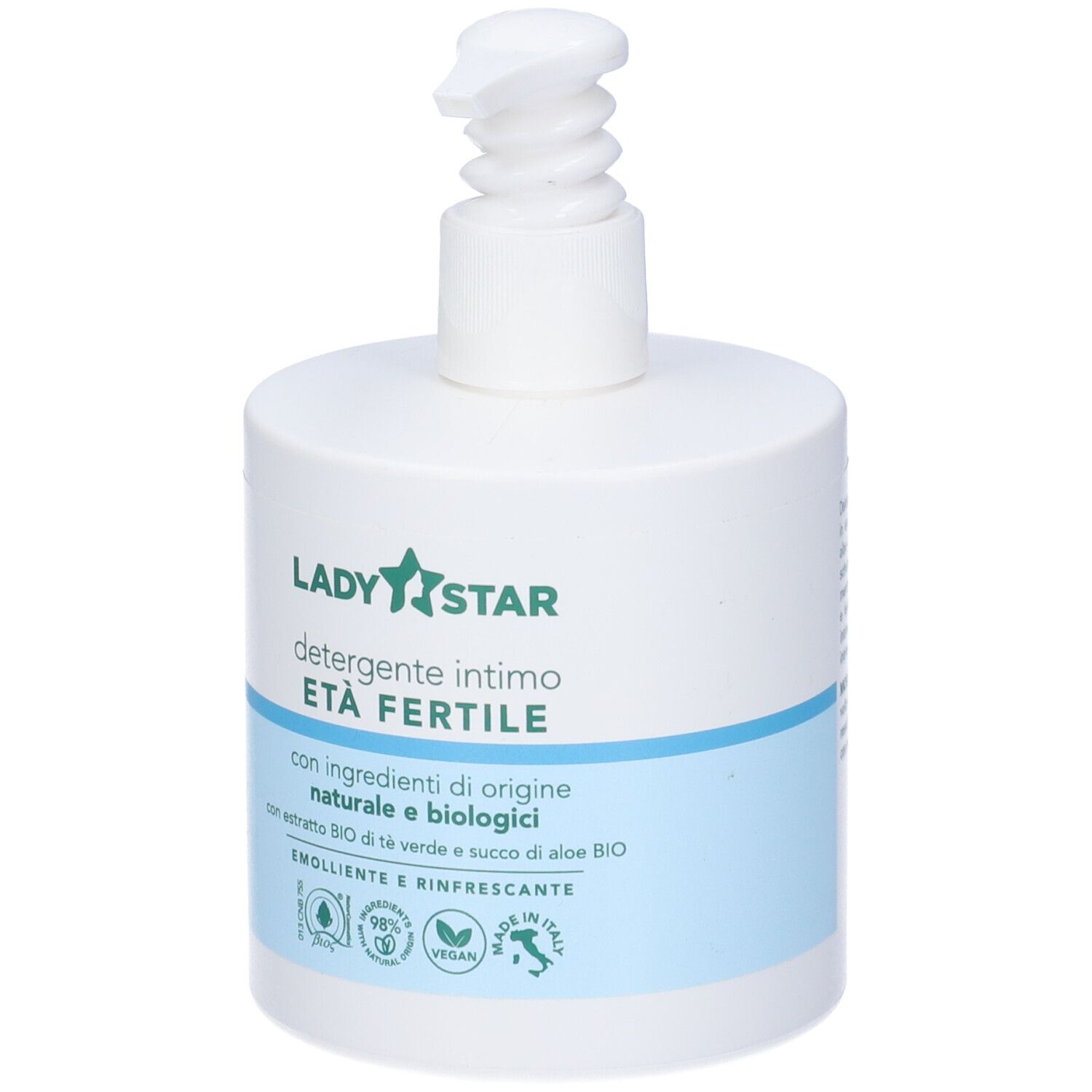 Dispenser bianco con pompa. Scritta: Ladystar, Detergente intimo ETA FERTILE. Fascia blu con testo. Loghi verde e bianco.