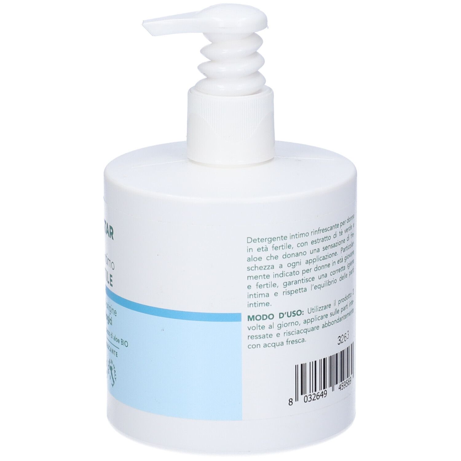 Dispenser bianco con pompa. Retro con testo in italiano. Fascia blu. Codice a barre. 300ml.