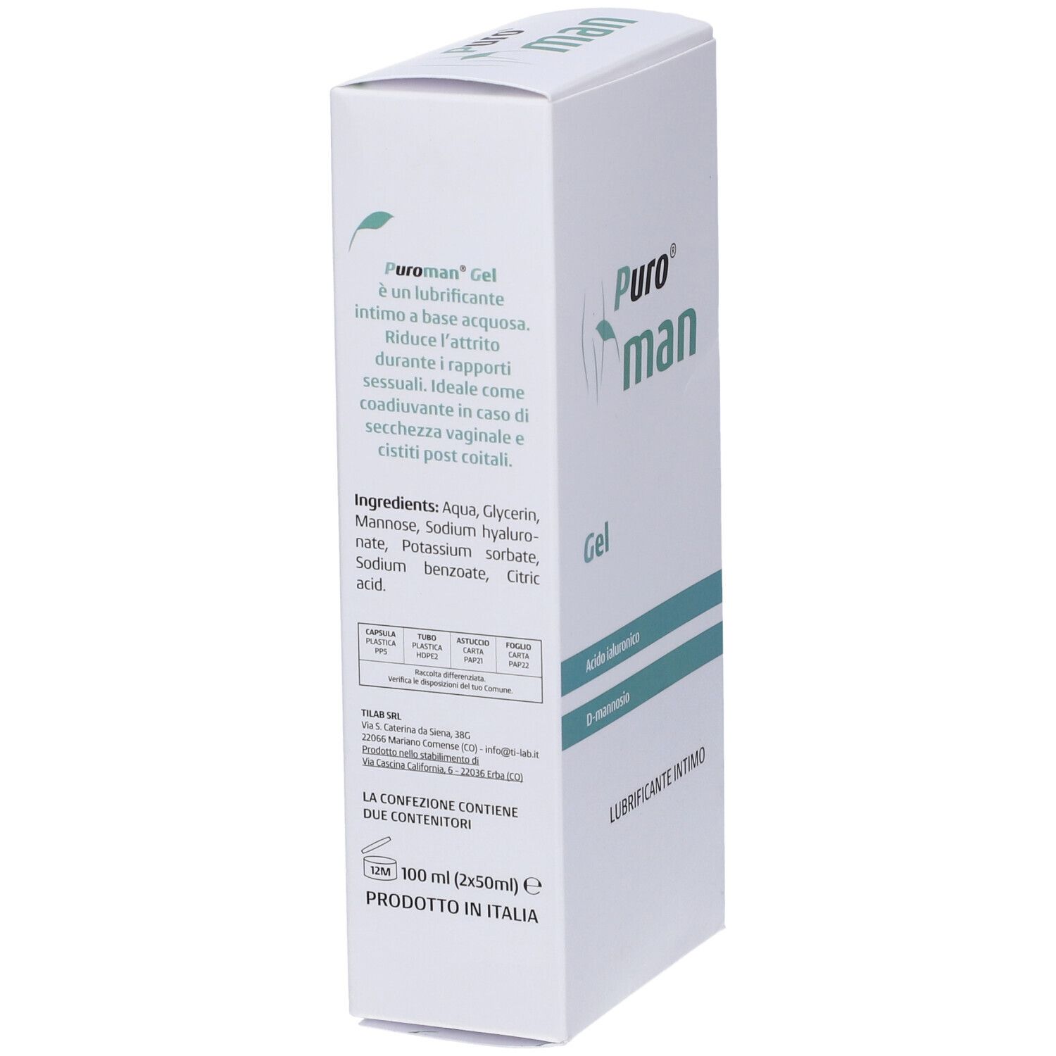 Confezione bianca con testo. Contiene ingredienti e informazioni. Testo: 100 ml (2x50ml) e, Prodotto in Italia.