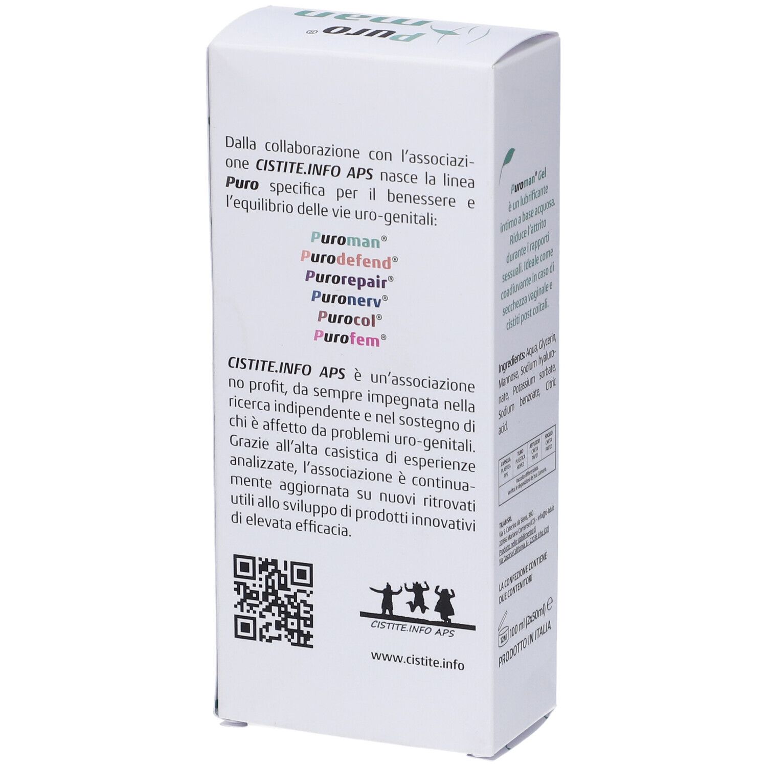 Confezione bianca con testo e codice QR. Contiene nomi di linee di prodotti. Testo: CISTITE.INFO APS, www.cistite.info.