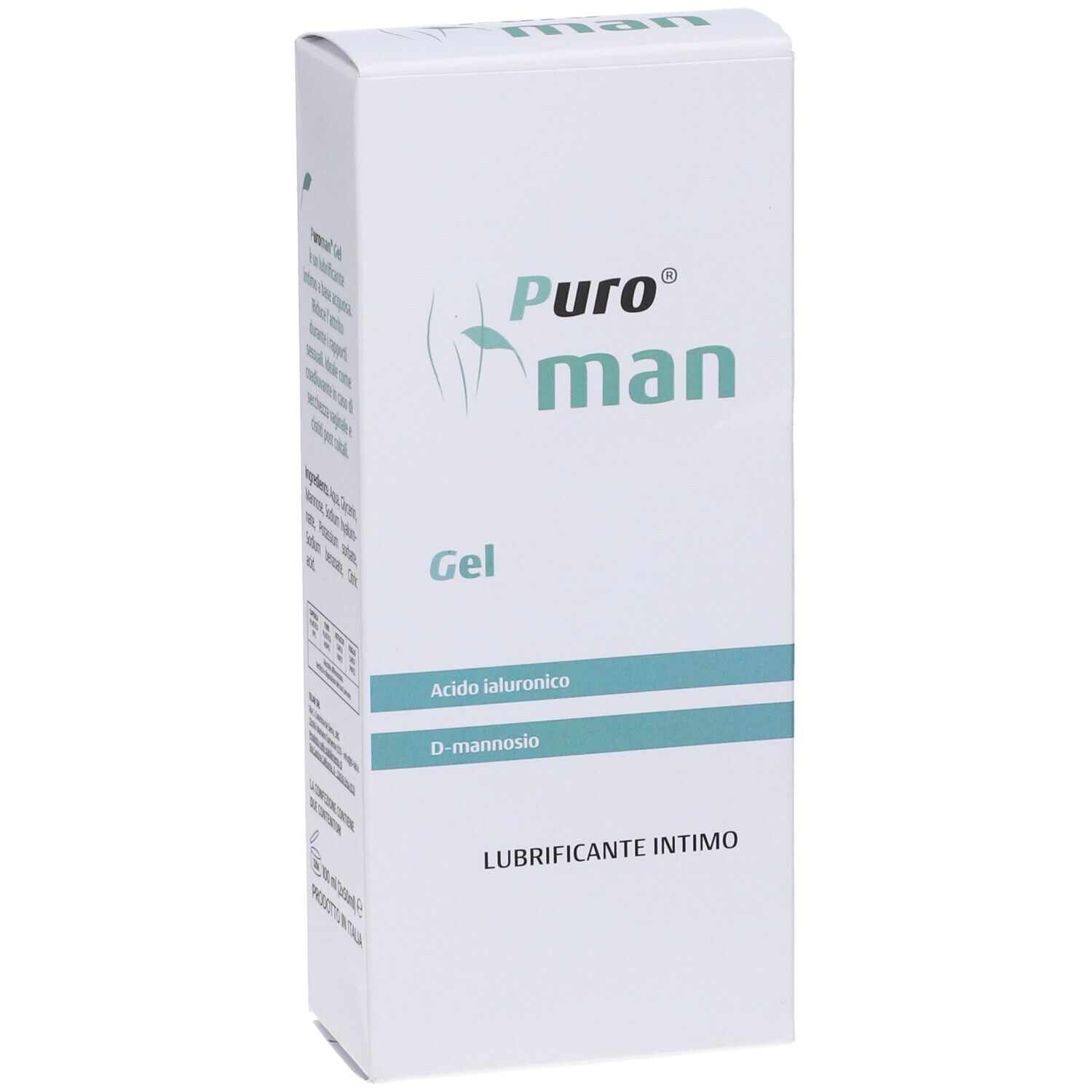 Confezione bianca con logo e nome del prodotto. Contiene testo: Gel, Acido Ialuronico, D-mannosio, e Lubricante Intimo.