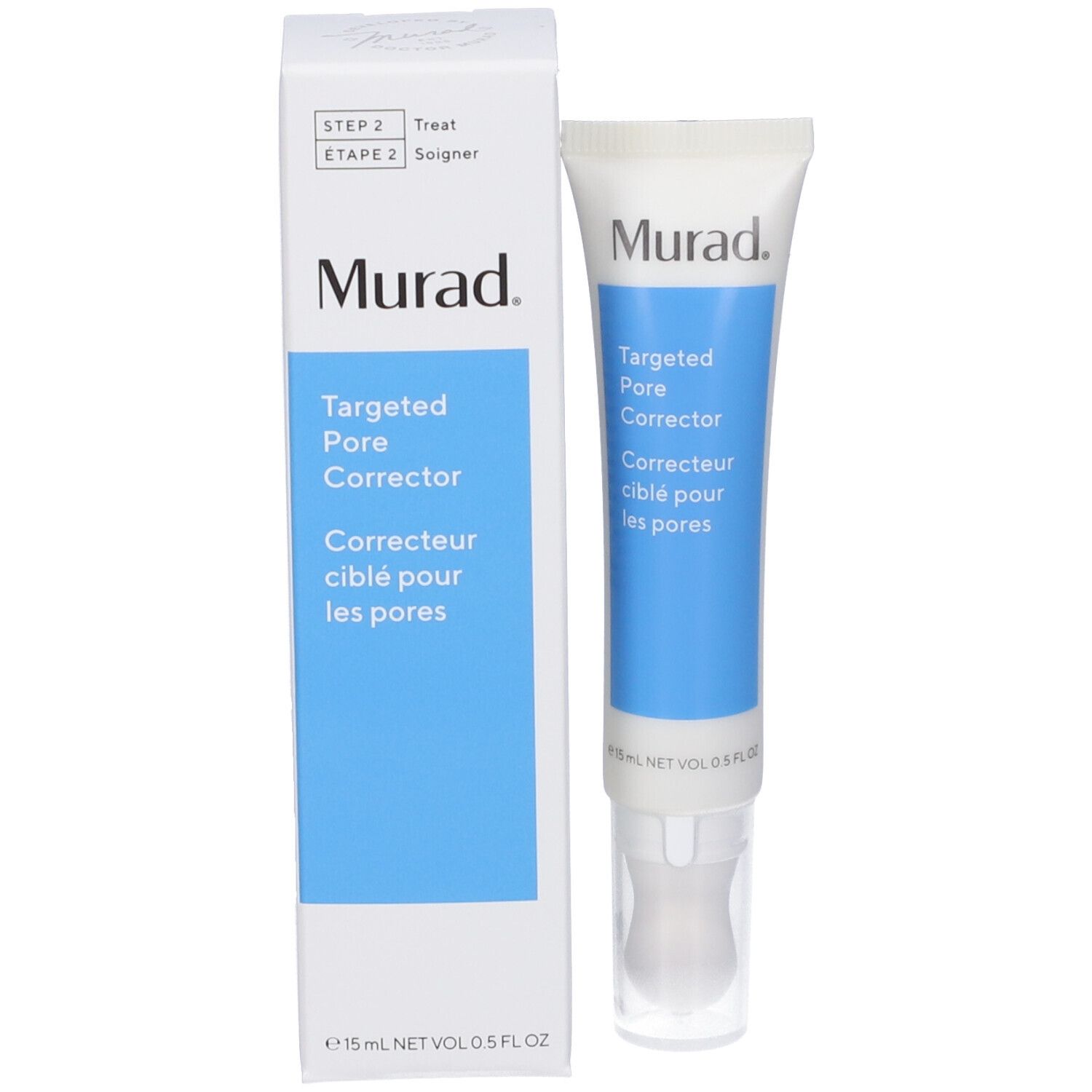 Confezione del prodotto. Scatola bianca con striscia blu. Testo: Murad, Targeted Pore Corrector.