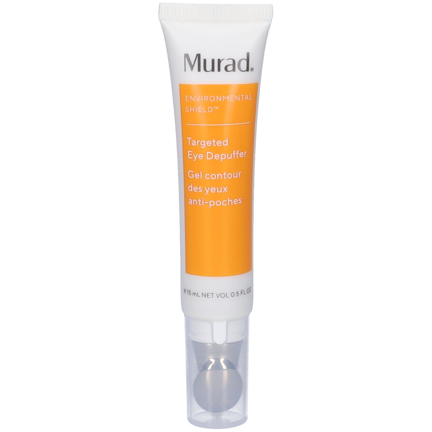 Tubo bianco con etichetta arancione. Scritta: Murad, Targeted Eye Depuffer, Gel contour des yeux anti-poches. Con applicatore metallico.