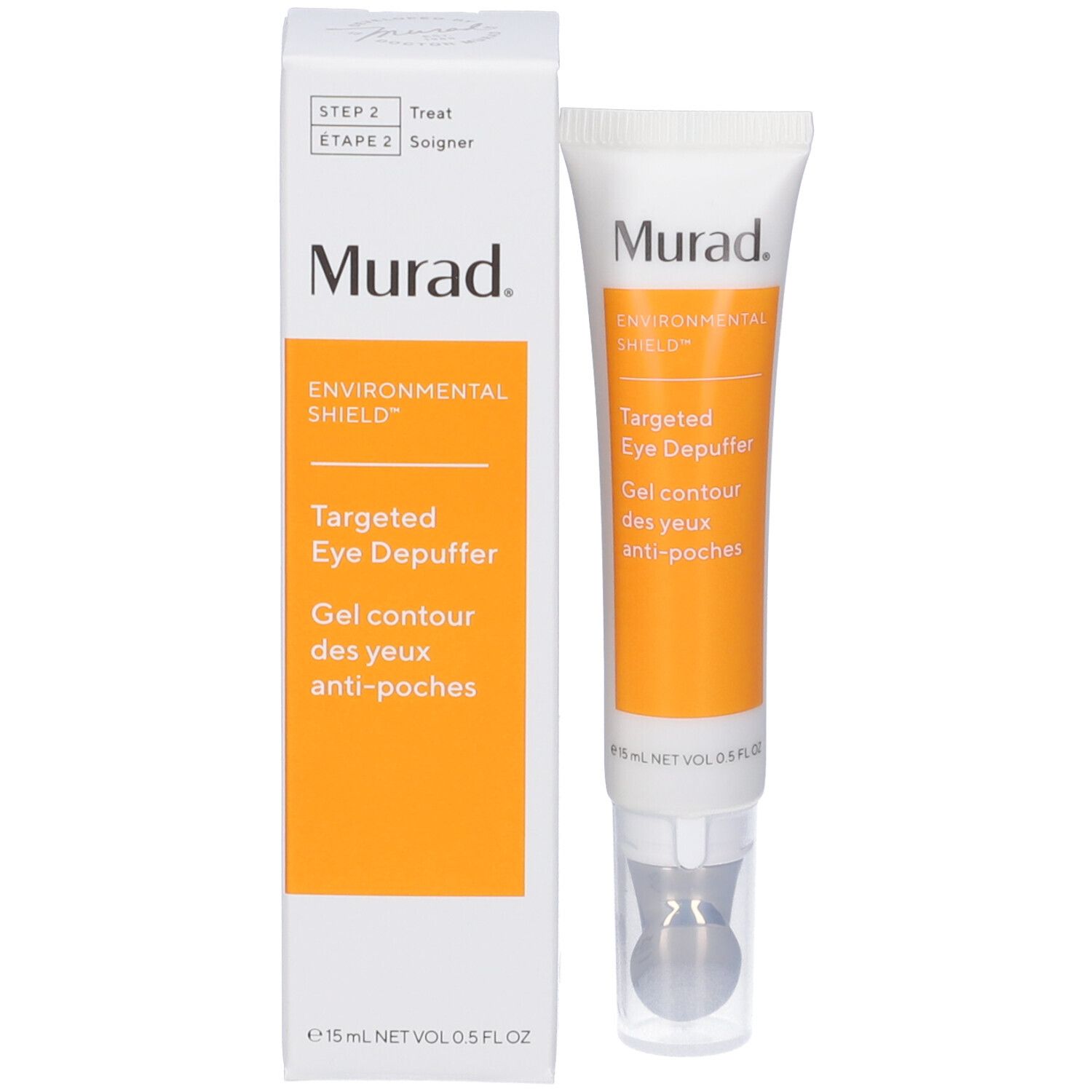 Confezione del prodotto e tubo. Confezione: bianca con accento arancione. Scritta: Murad, Targeted Eye Depuffer.