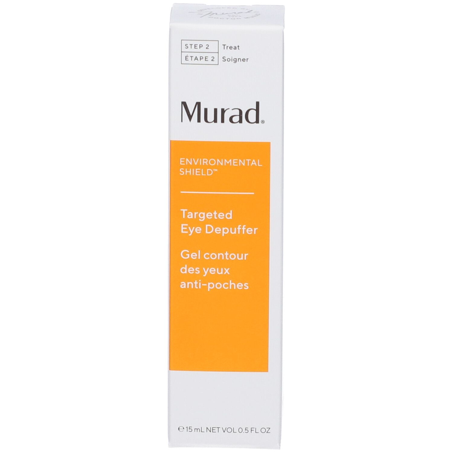 Confezione del prodotto. Bianca con accento arancione. Scritta: Murad, Targeted Eye Depuffer, Gel contour des yeux anti-poches.