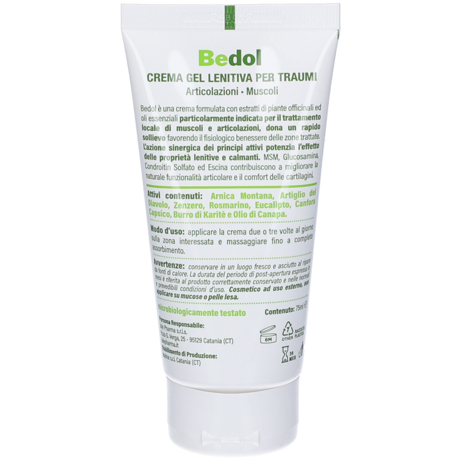 Bedol Crema Gel retro con istruzioni per l'uso e ingredienti.