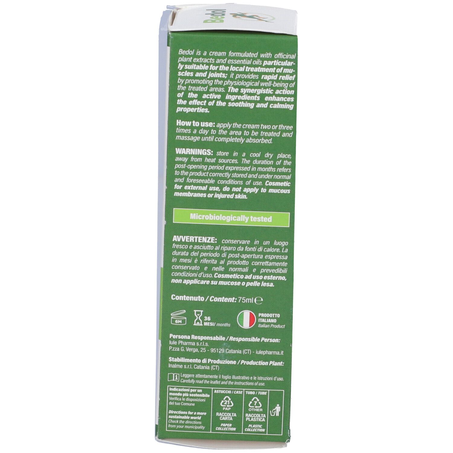 Bedol Crema Gel confezione lato con istruzioni per l'uso e ingredienti.