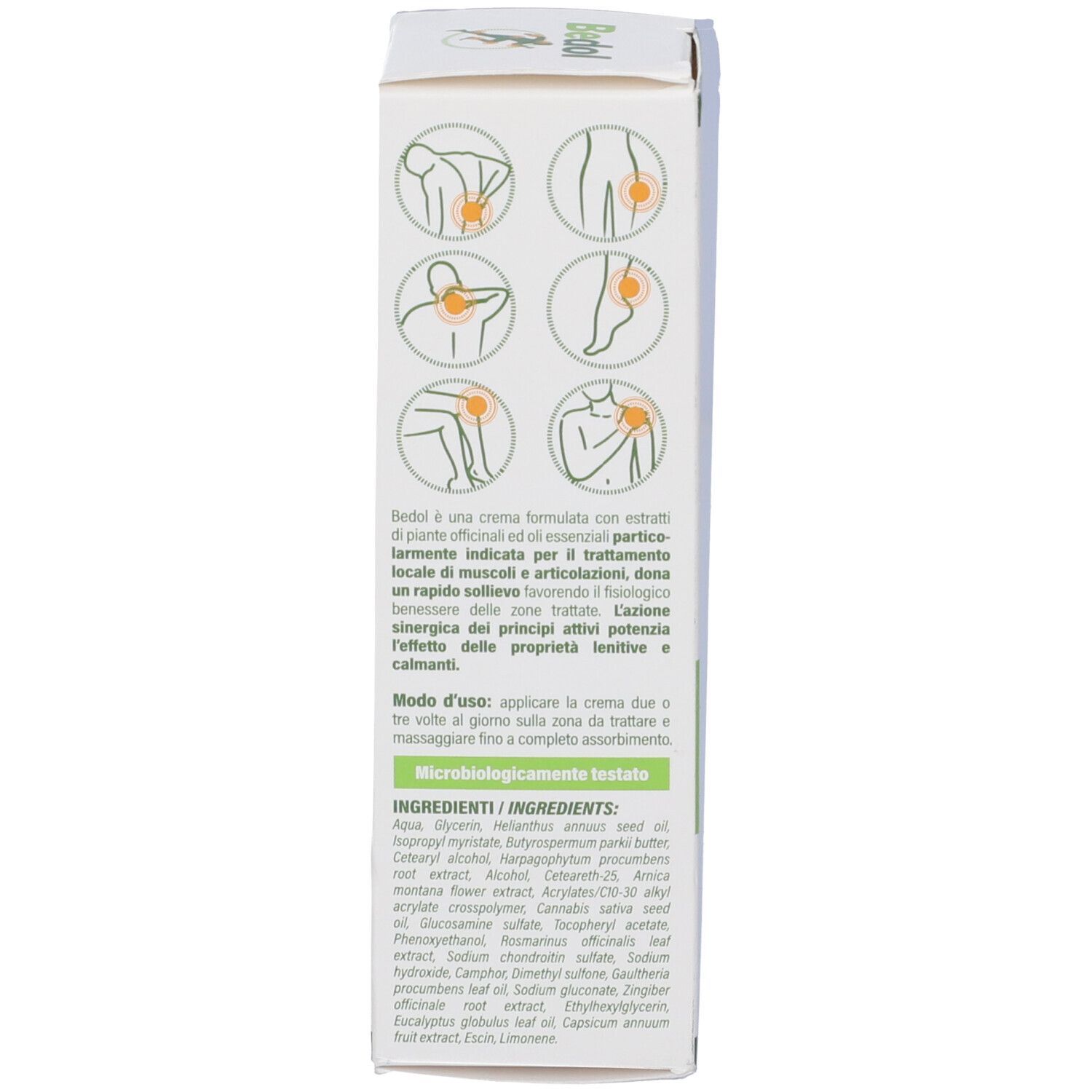 Bedol Crema Gel confezione con istruzioni per l'uso e ingredienti.