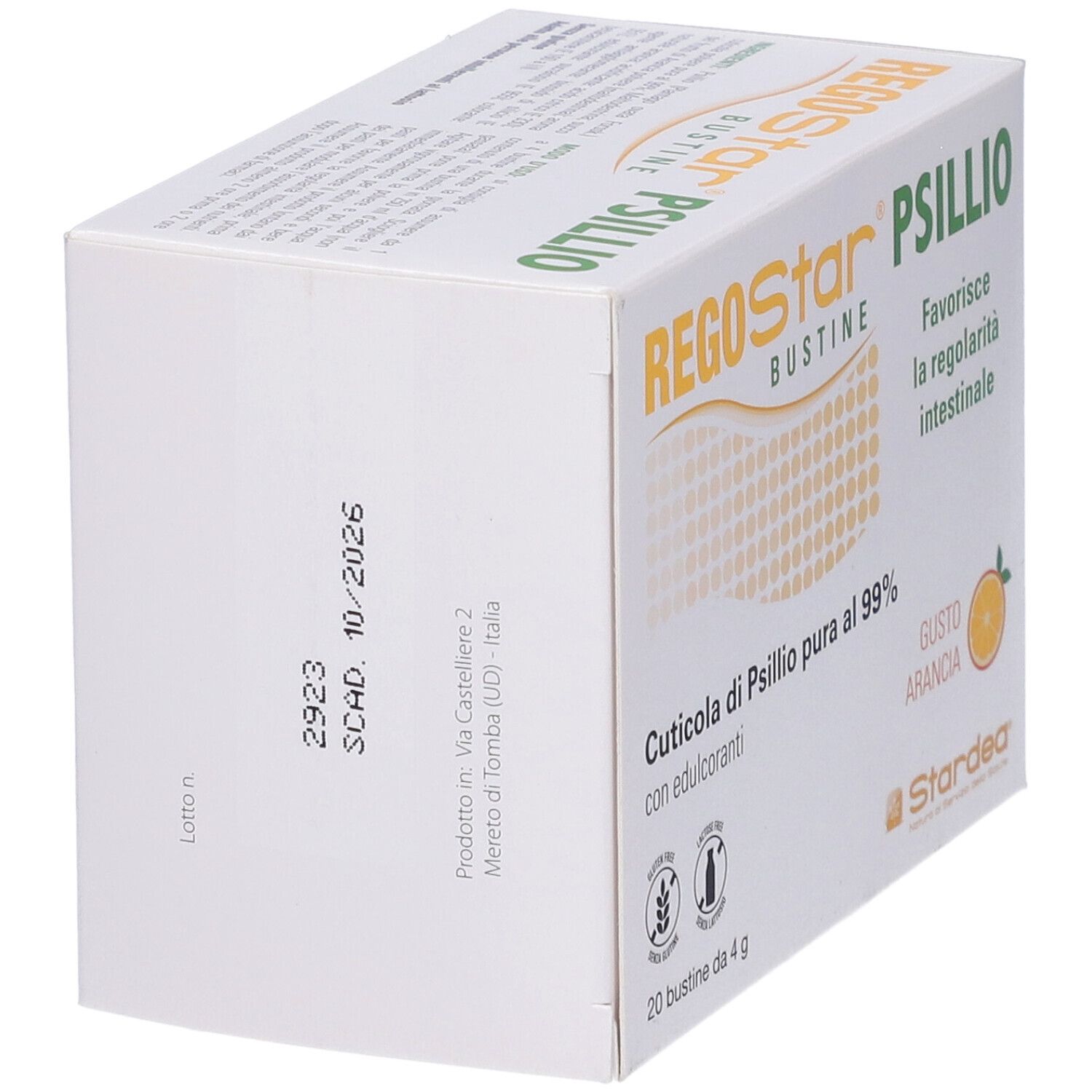 Lato scatola Regostar Psillio, 20 bustine. Scadenza 10/2026. Prodotto da Stardea.
