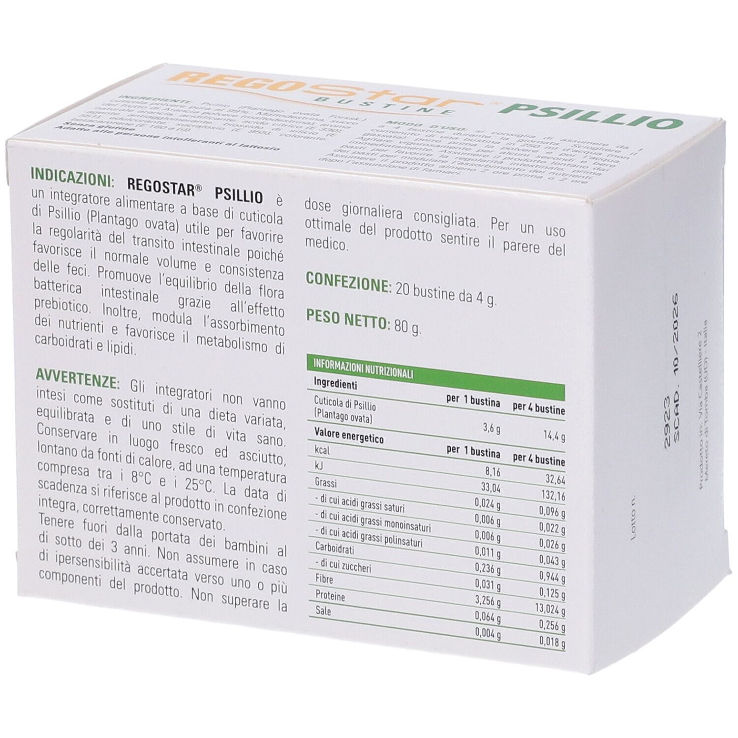 Retro scatola Regostar Psillio. Informazioni ingredienti e valori nutrizionali. Marchio Stardea.