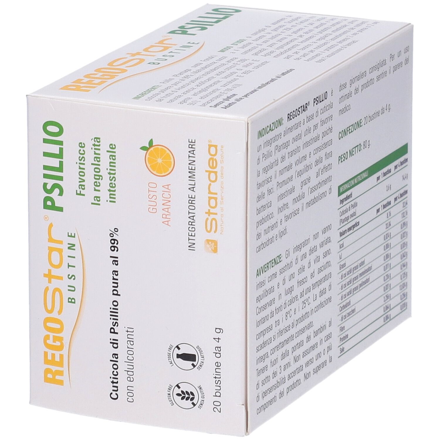 Scatola Regostar Psillio, vista. Contiene 20 bustine. Gusto arancia. Marchio Stardea. Senza glutine.