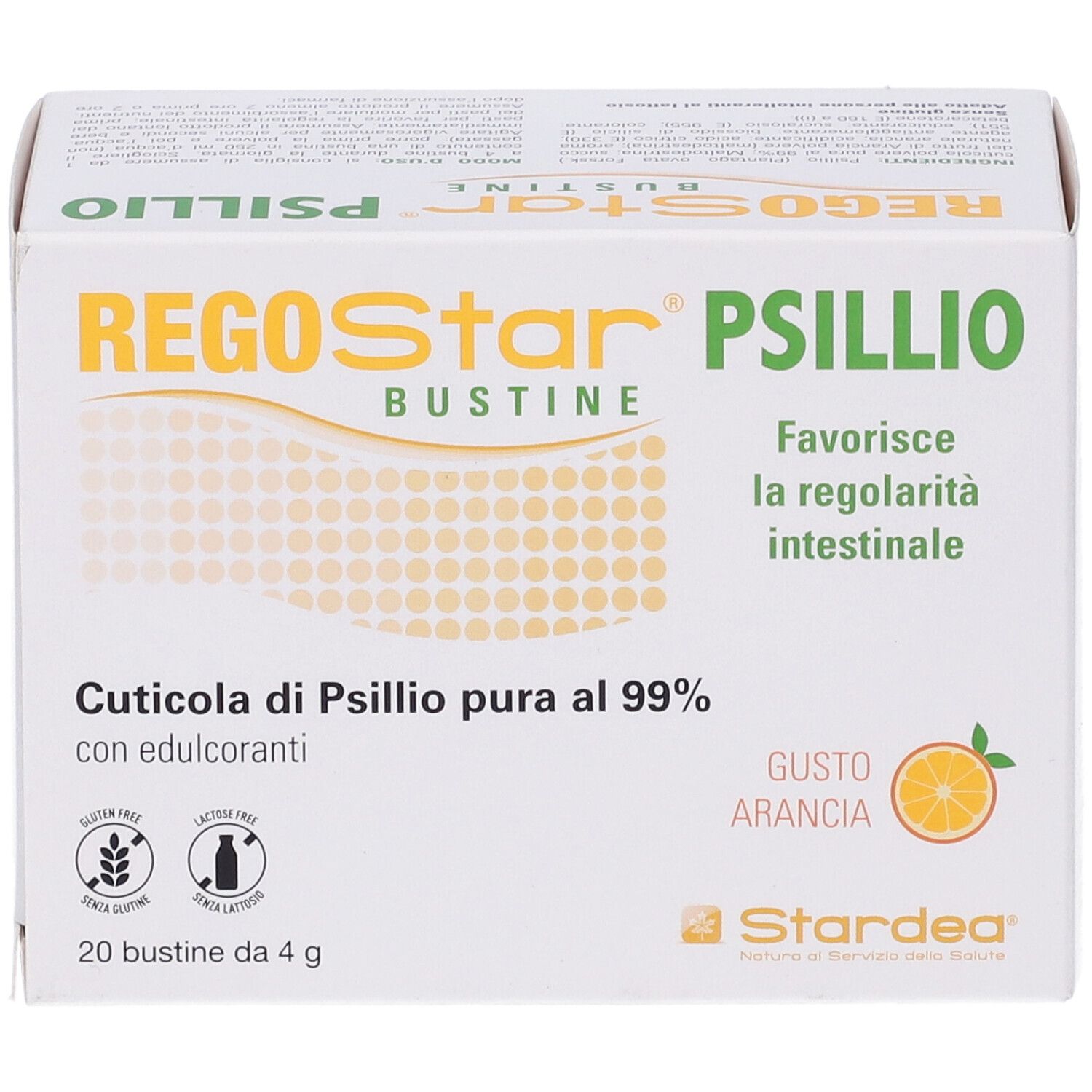 Scatola Regostar Psillio, vista. Contiene 20 bustine. Gusto arancia. Marchio Stardea. Senza glutine.