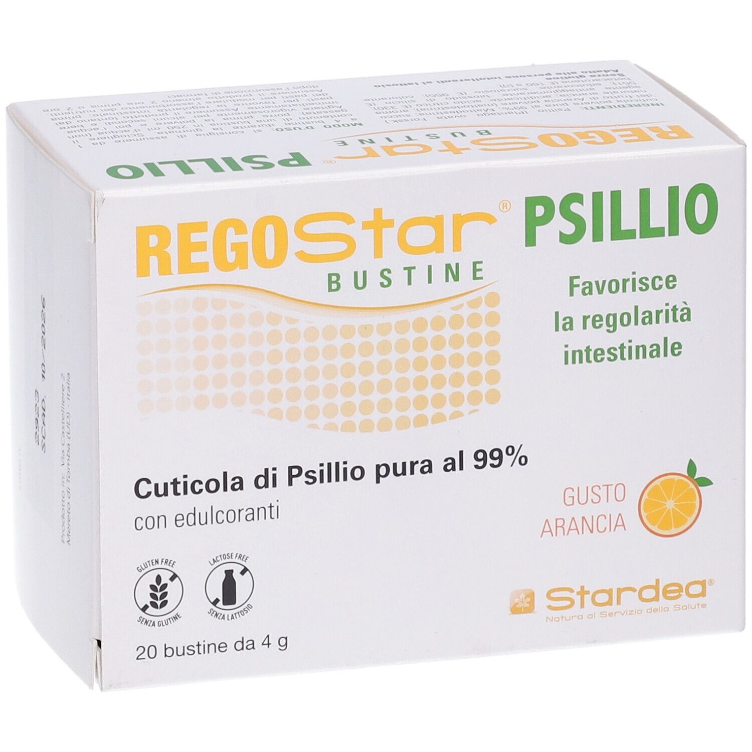Scatola Regostar Psillio, vista. Contiene 20 bustine. Gusto arancia. Marchio Stardea. Senza glutine.