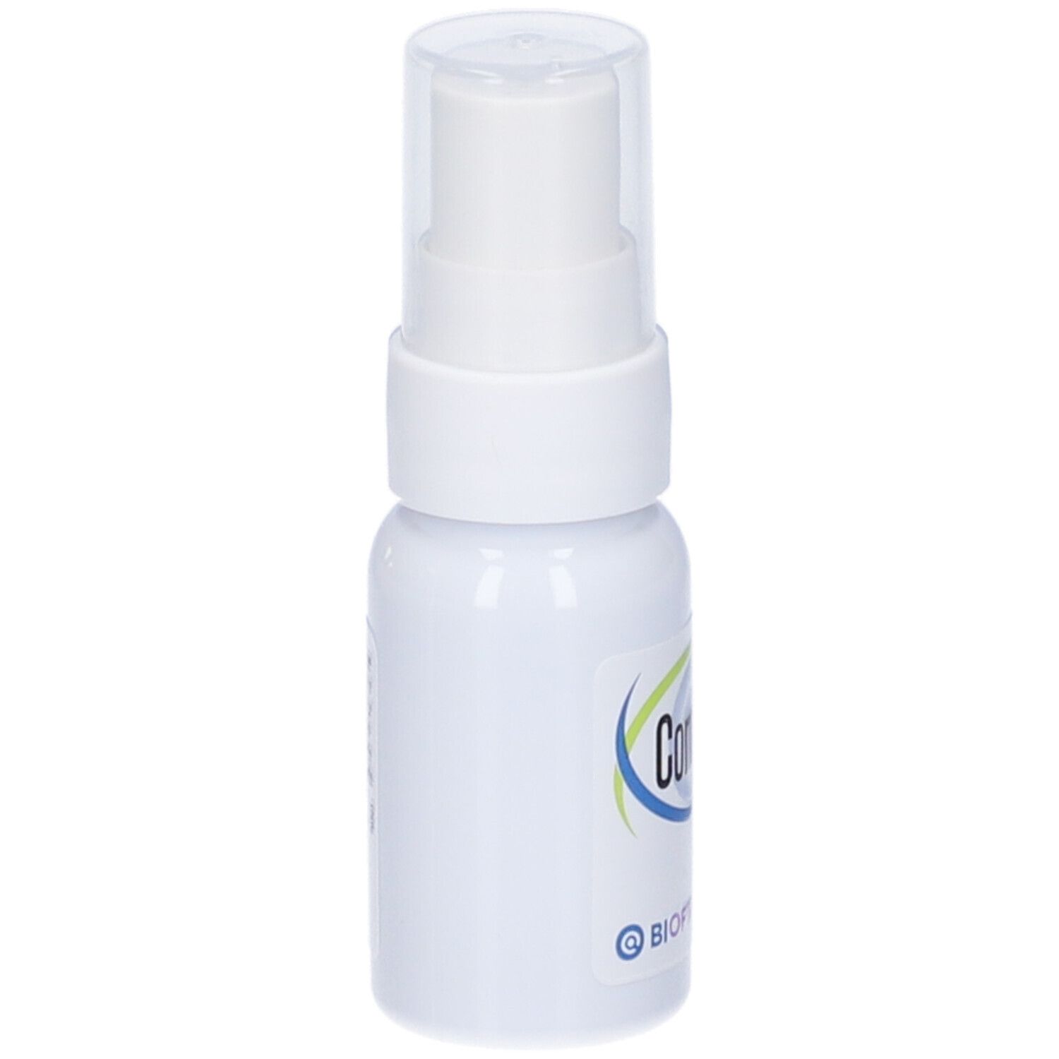 Flacone spray bianco con cappuccio trasparente. Scritta "Corneial Spray" e logo. Retro.