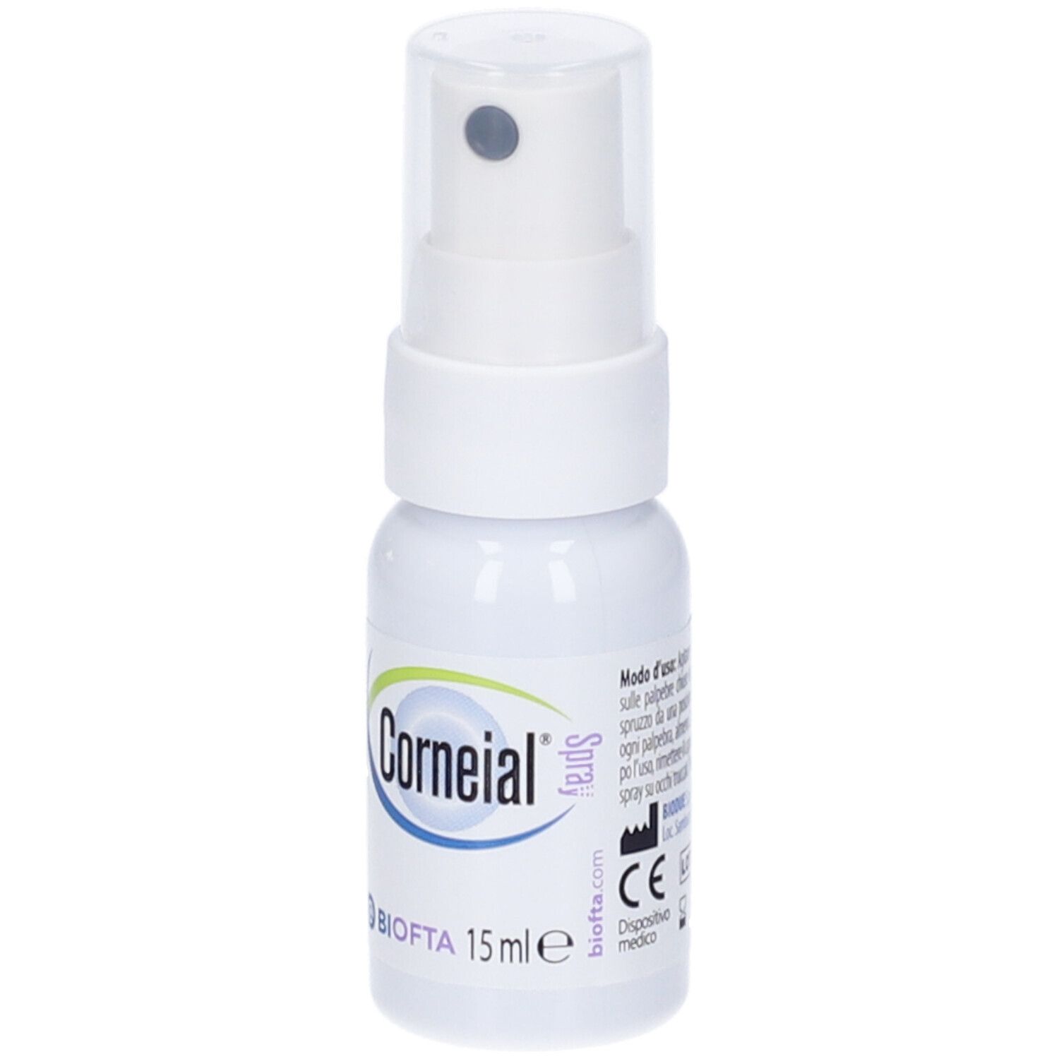 Flacone spray bianco con cappuccio trasparente. Scritta "Corneial Spray" e logo. 15 ml.