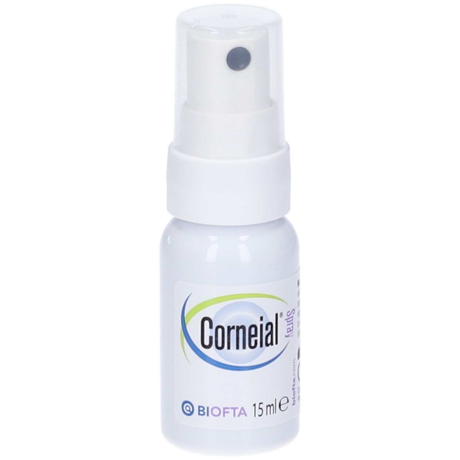 Flacone spray bianco con cappuccio trasparente. Scritta "Corneial Spray" e logo. 15 ml.