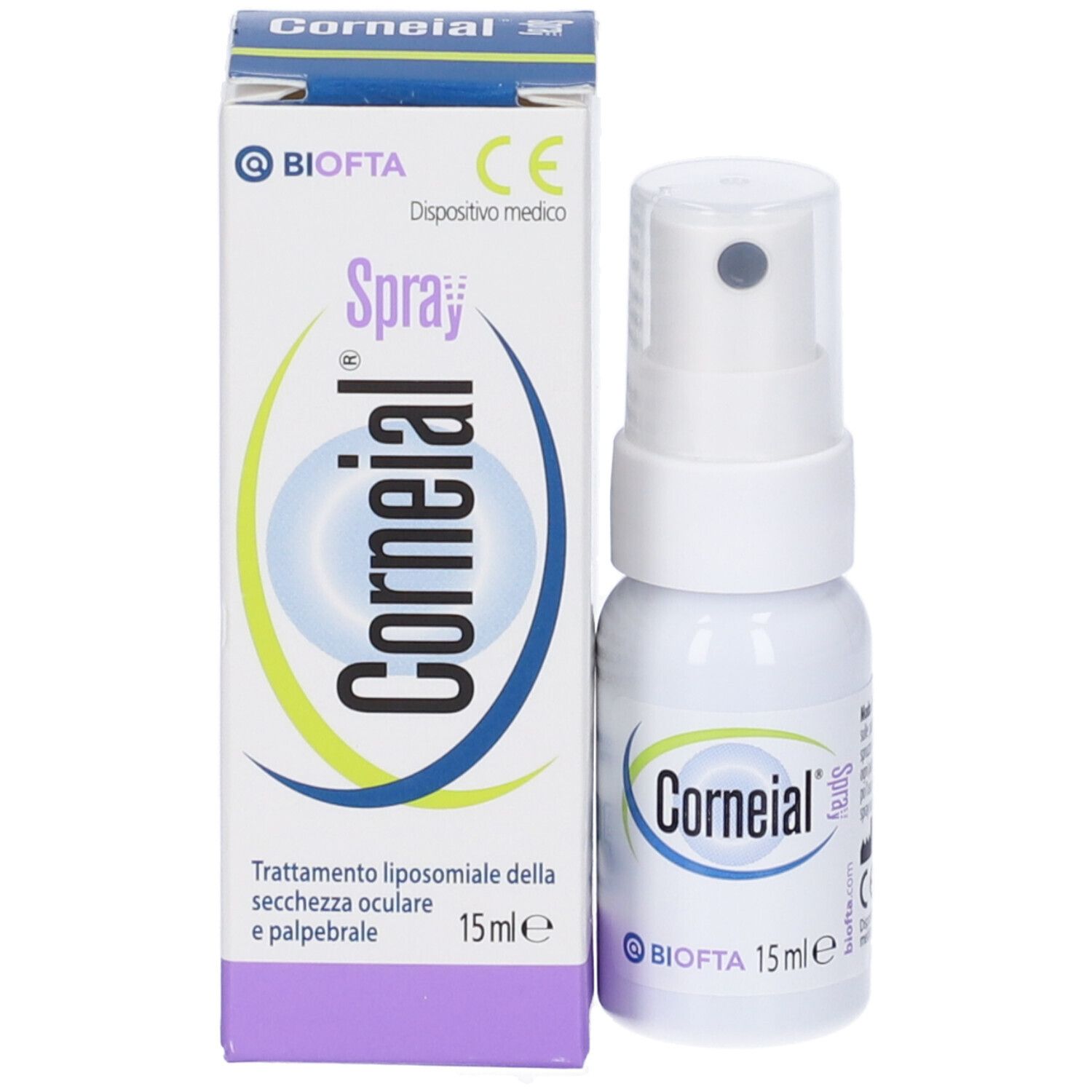 Confezione del prodotto con flacone spray. Scritta "Corneial Spray" e logo. 15 ml.