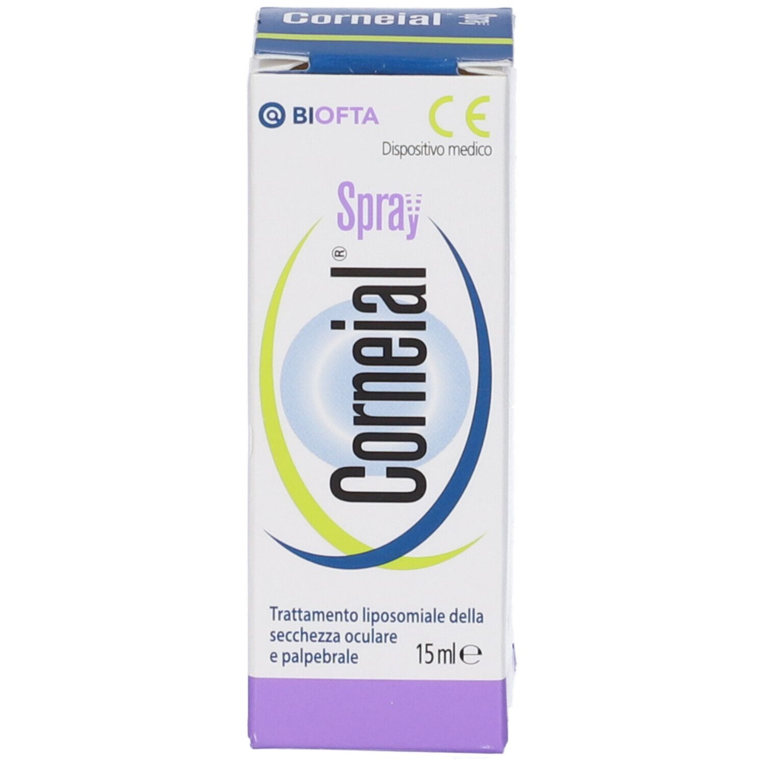 Confezione del prodotto con flacone spray. Scritta "Corneial Spray" e logo. 15 ml.