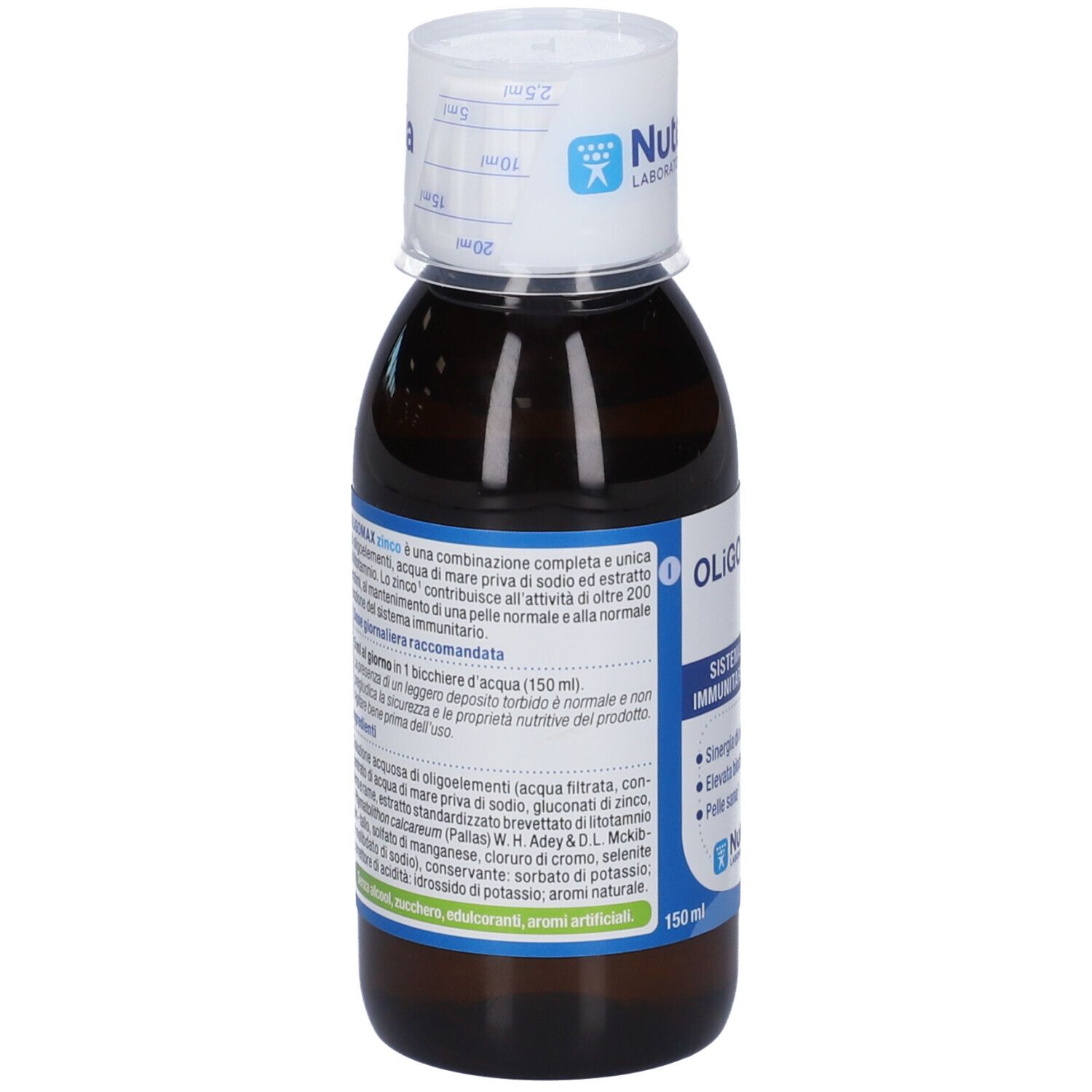 Flacone di vetro marrone con tappo bianco. Retro con informazioni sul prodotto e ingredienti. Marchio Nutergia Laboratoire.