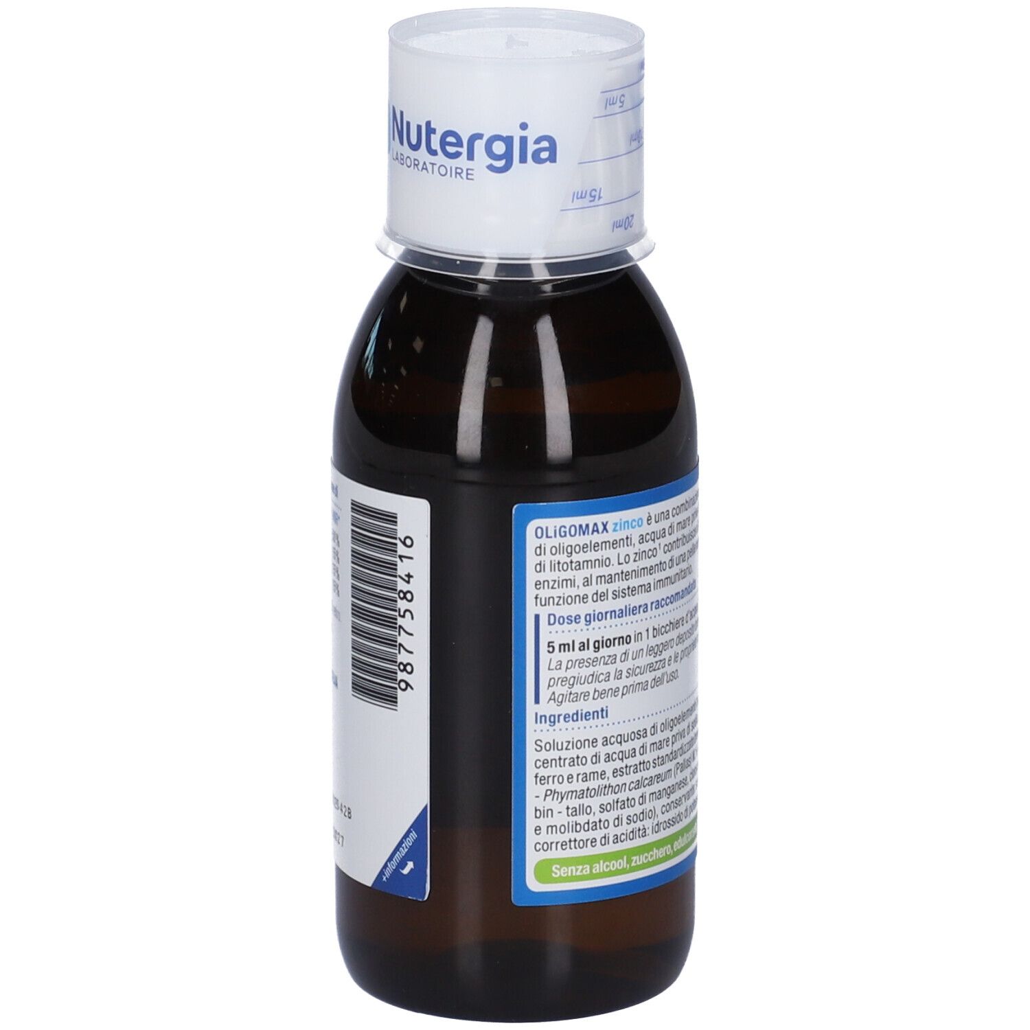 Flacone di vetro marrone con tappo bianco. Etichetta con codice a barre e informazioni sul prodotto. Marchio Nutergia Laboratoire.