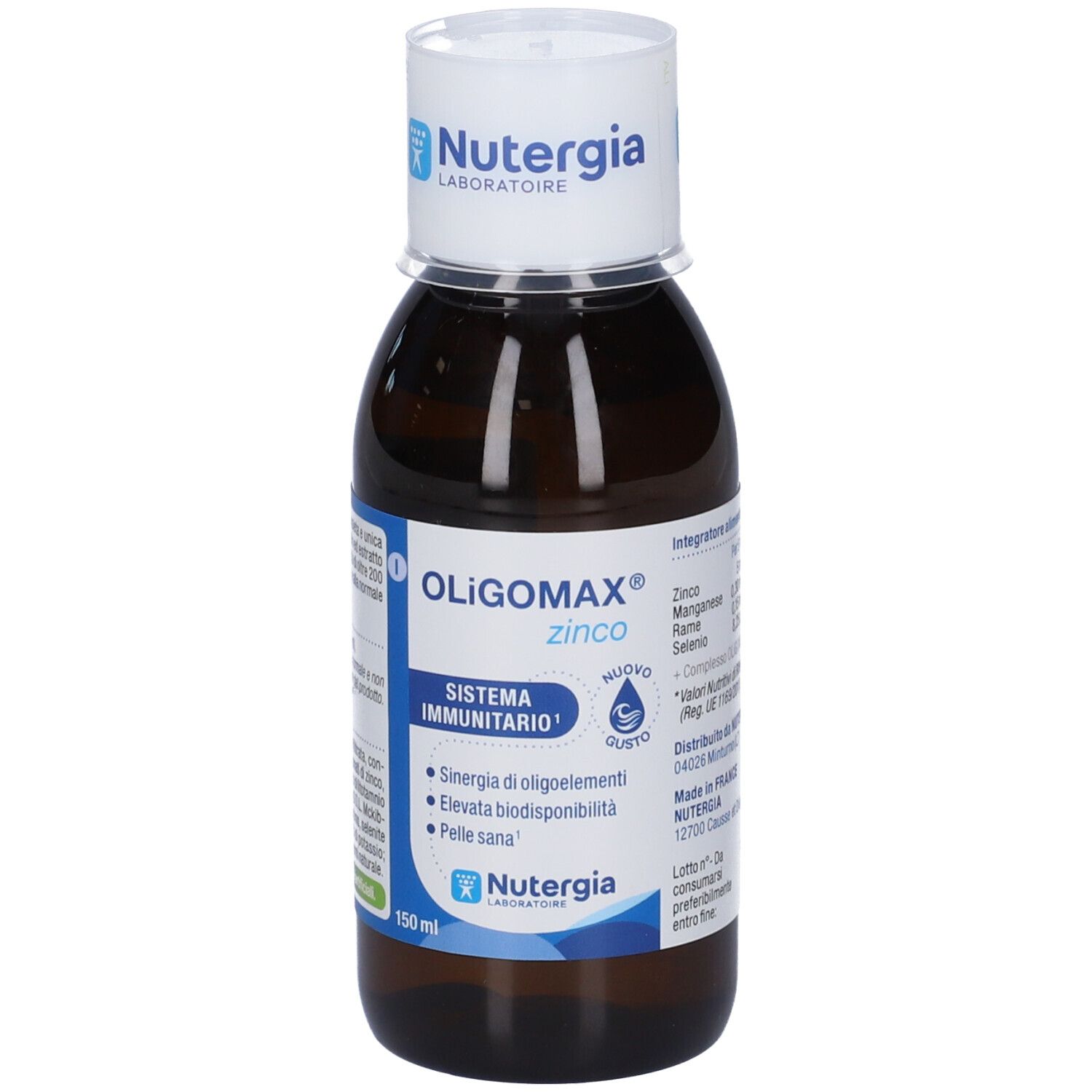 Flacone di vetro marrone con tappo bianco. Scritta: OLIGOMAX zinco, Nutergia Laboratoire. Etichetta con informazioni sul prodotto.