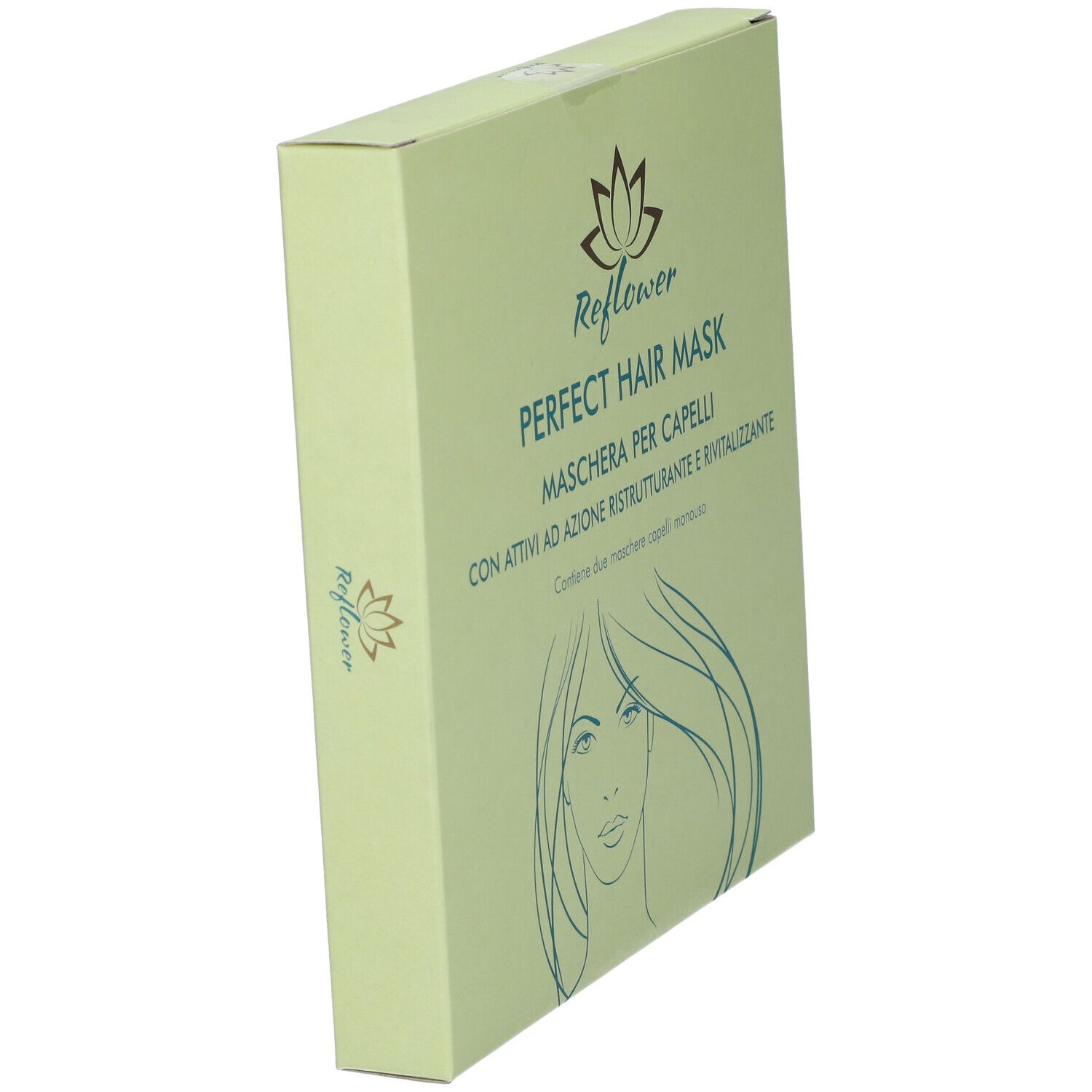 Scatola verde chiaro, angolata. Scritta: Reflower Perfect Hair Mask. Testo in italiano. Logo con fiore.