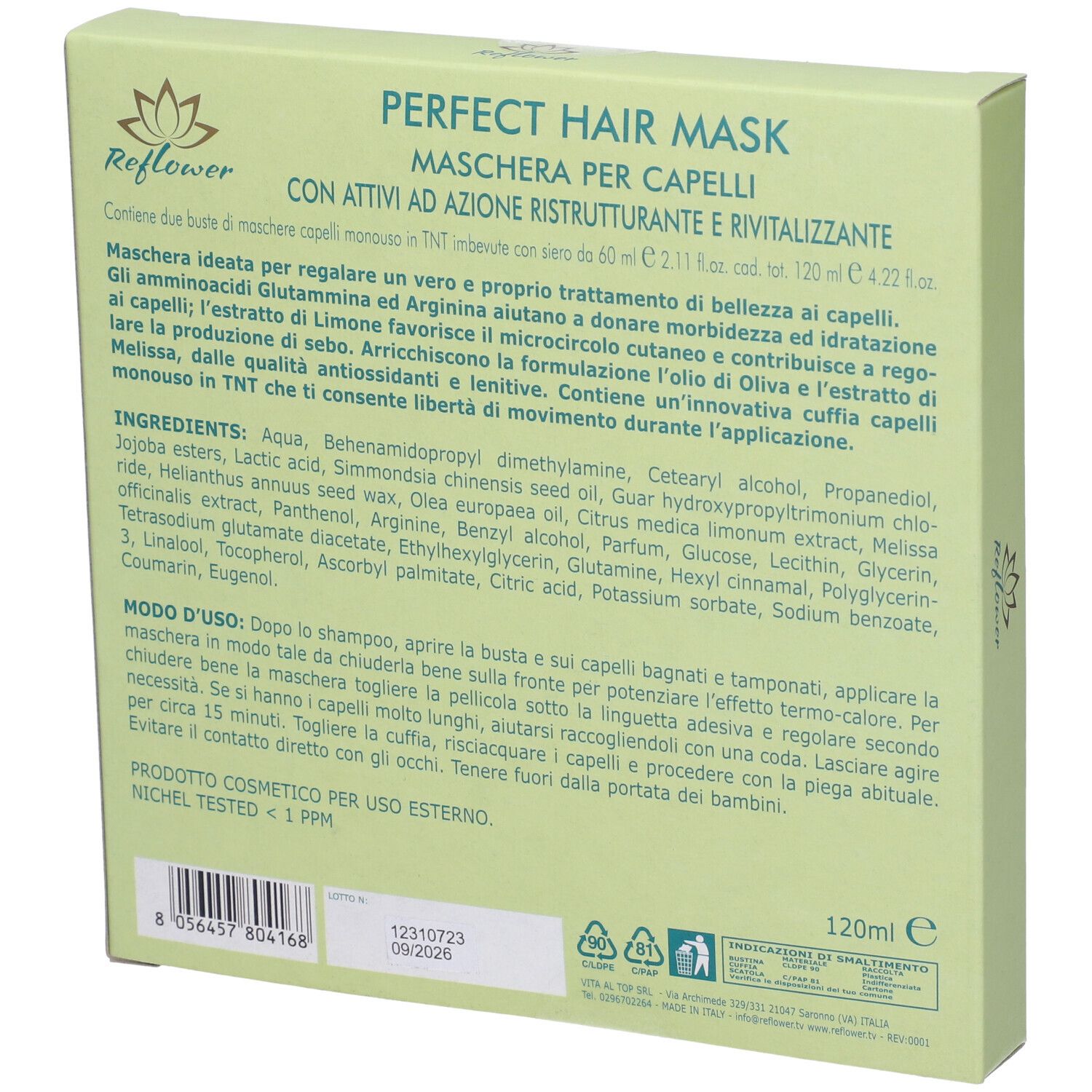 Retro di una scatola verde chiaro. Testo in italiano. Ingredienti e istruzioni per l'uso. Logo con fiore.