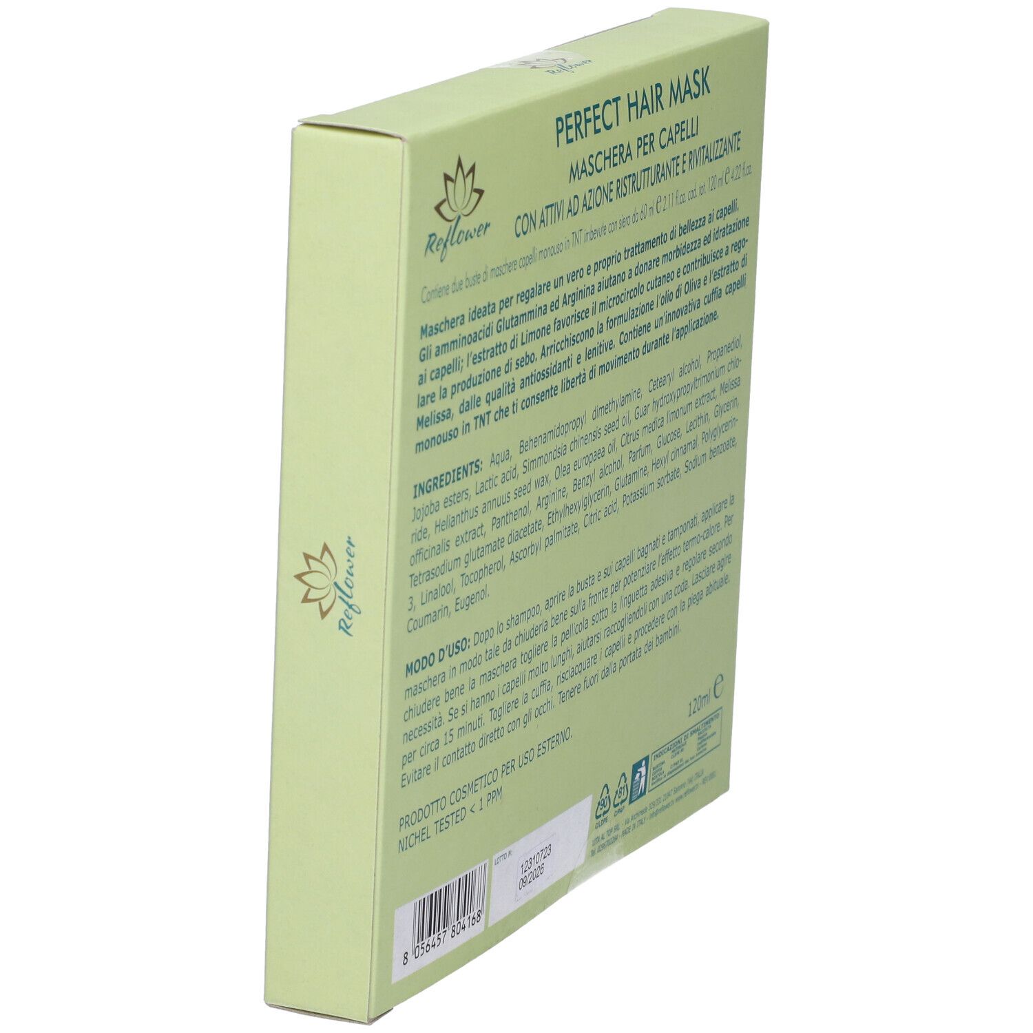 Retro angolato di una scatola verde chiaro. Testo in italiano. Logo con fiore. Informazioni sul prodotto.