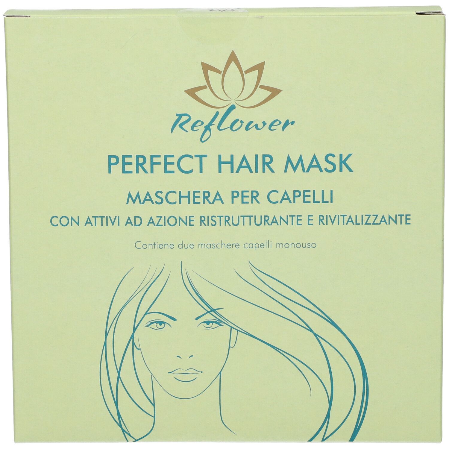 Scatola verde chiaro. Scritta: Reflower Perfect Hair Mask. Illustrazione di una donna con capelli lunghi. Testo in italiano.