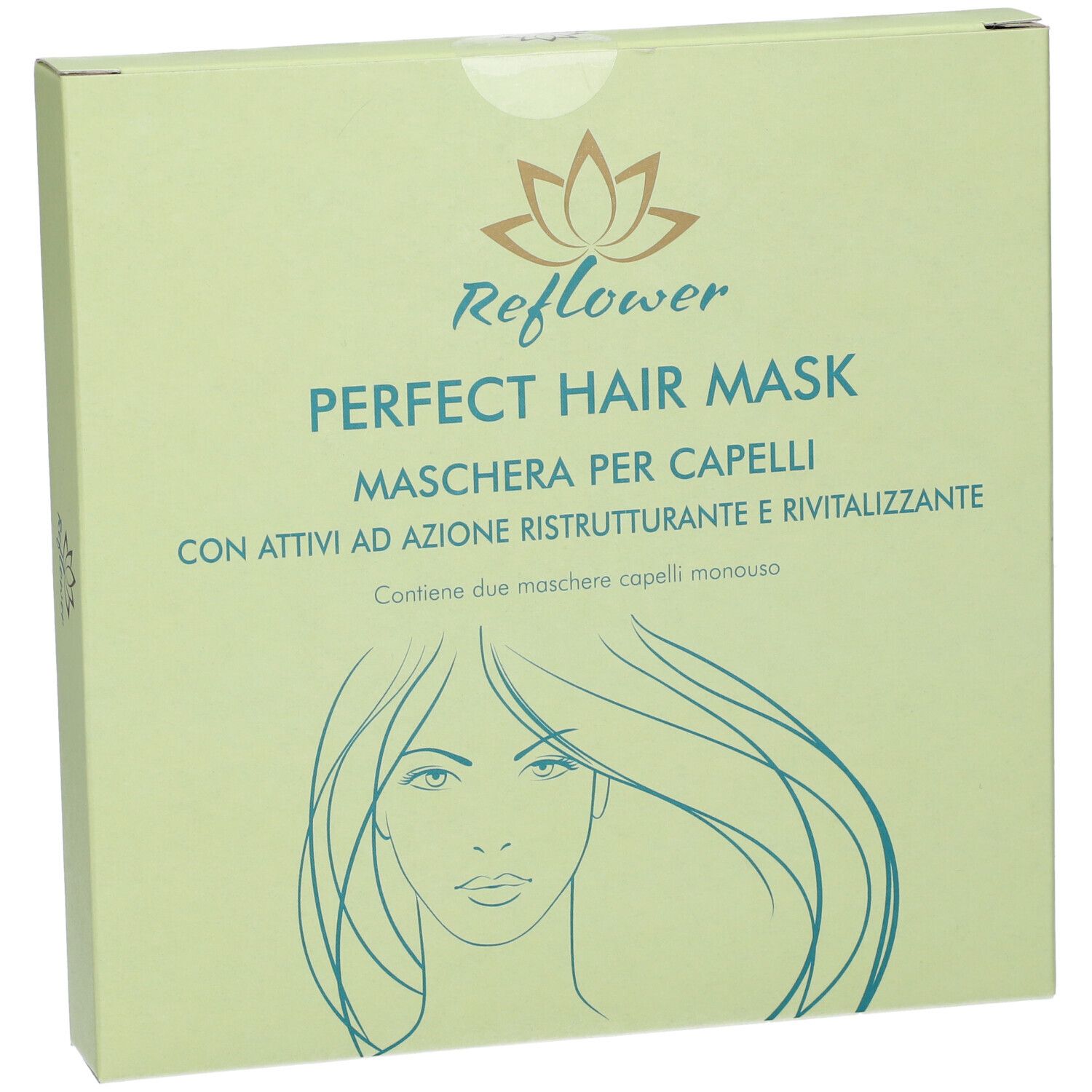 Scatola verde chiaro. Scritta: Reflower Perfect Hair Mask. Illustrazione di una donna con capelli lunghi. Testo in italiano.