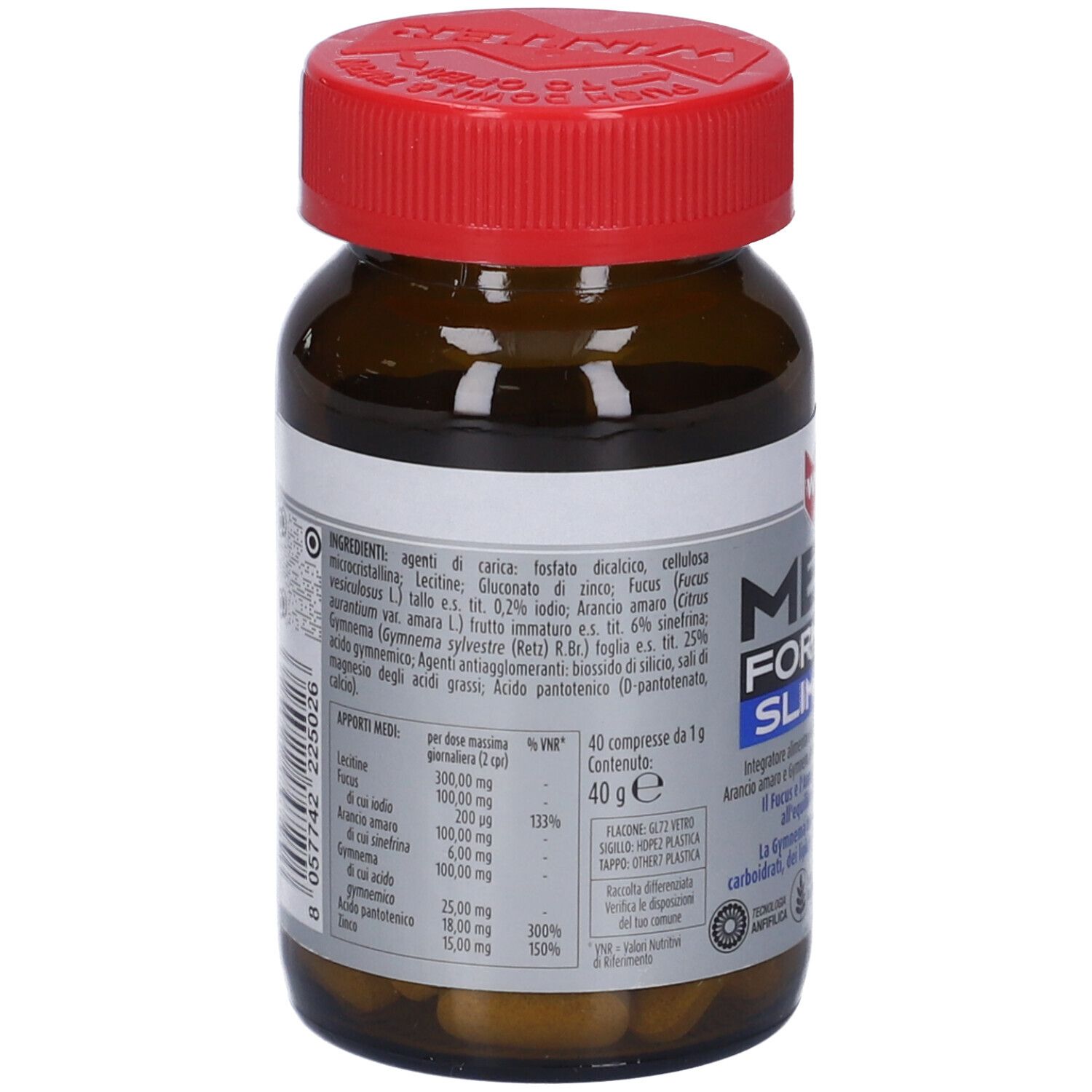 Retro del flacone marrone con tappo rosso. Contiene informazioni sugli ingredienti e i valori nutrizionali.