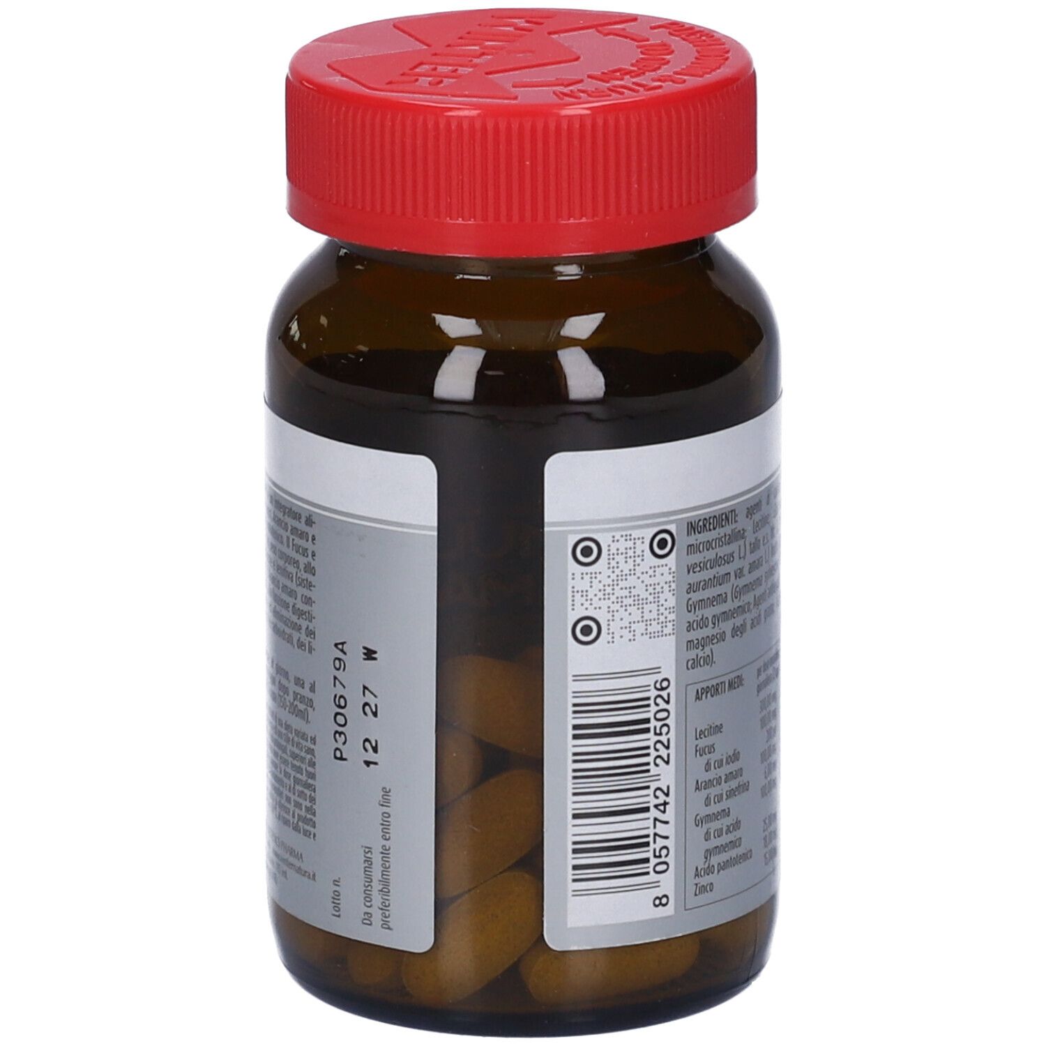 Flacone marrone con tappo rosso. Vista laterale con etichetta e codice QR. Contiene compresse.