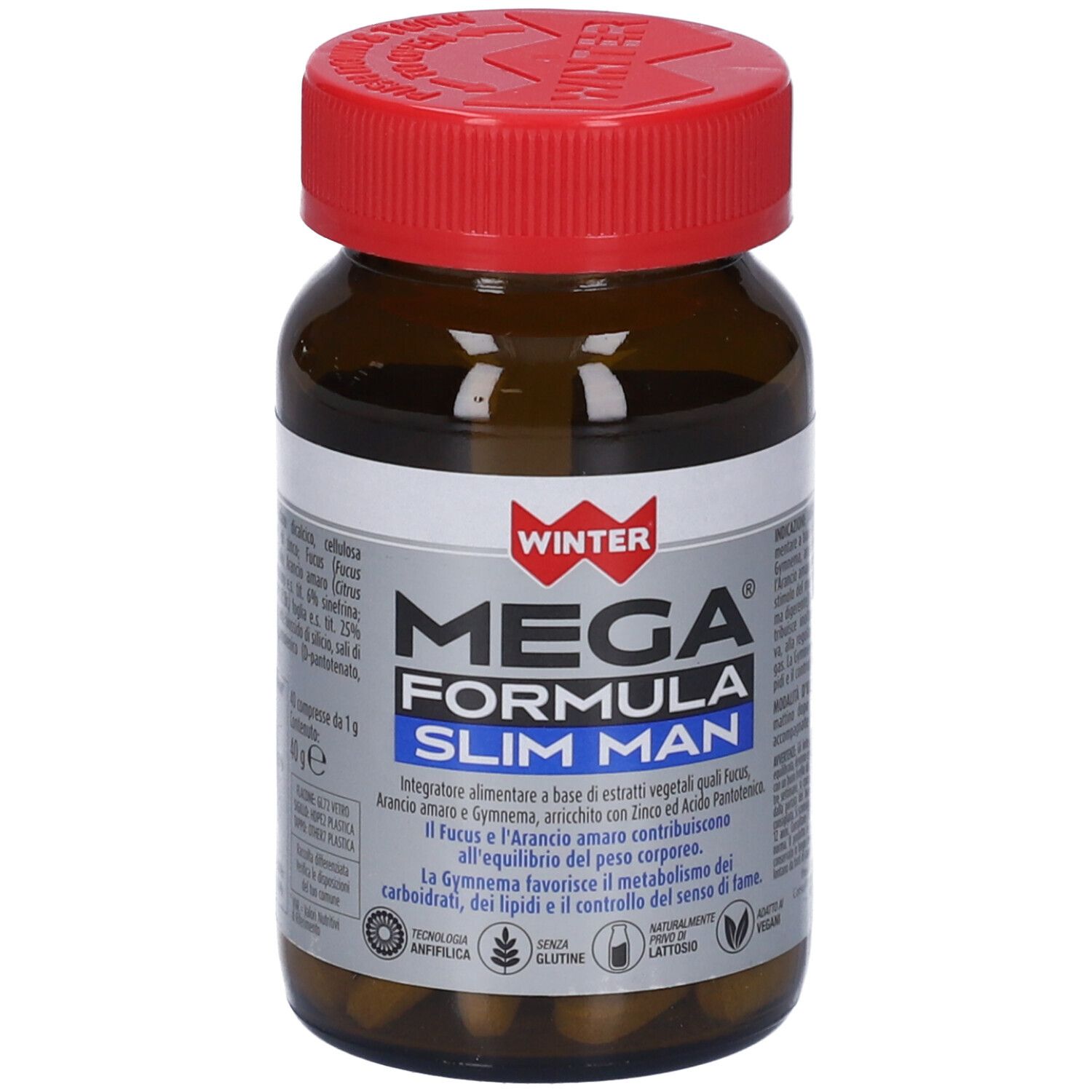 Flacone marrone con tappo rosso. Scritta: Winter Mega Formula Slim Man. Contiene compresse. Vista frontale.