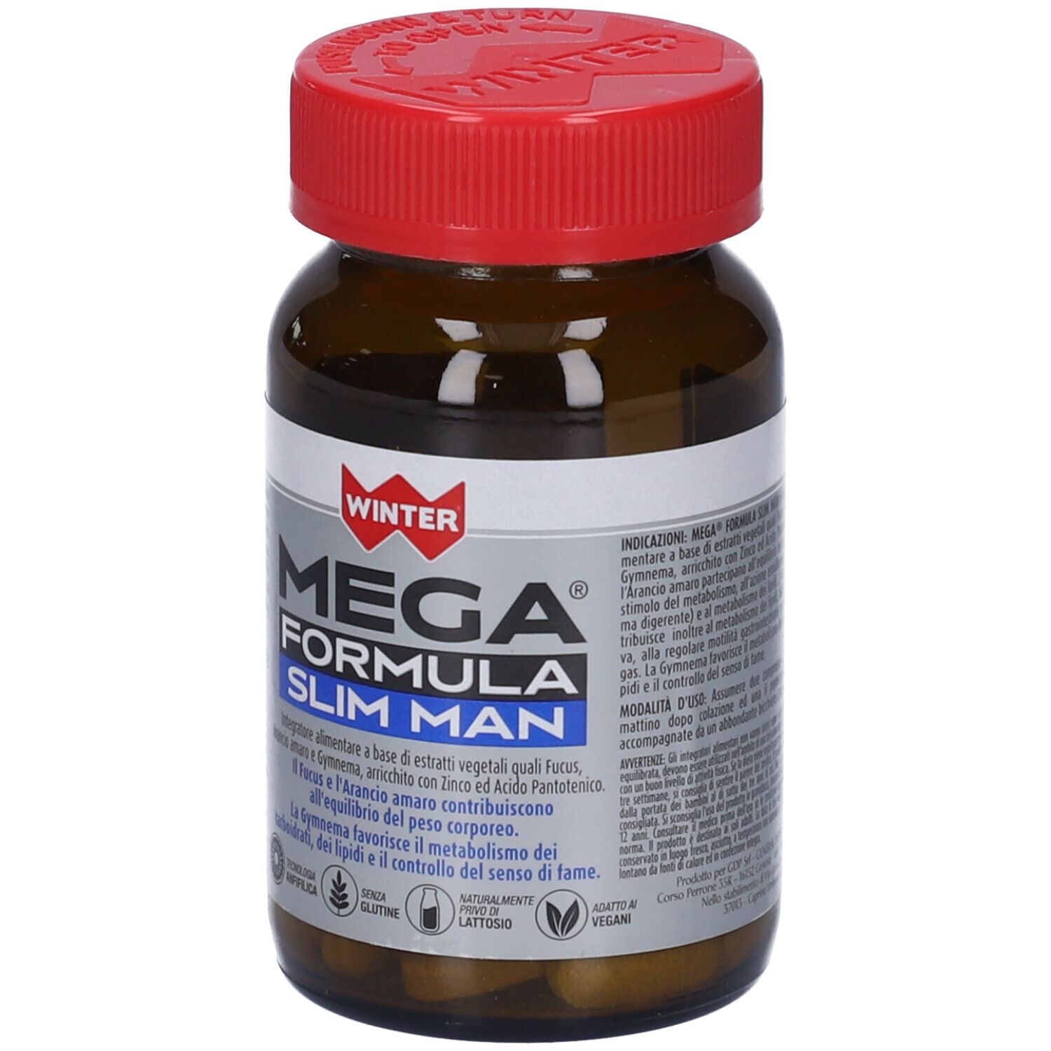 Flacone marrone con tappo rosso. Scritta: Winter Mega Formula Slim Man. Contiene compresse. Vista frontale.