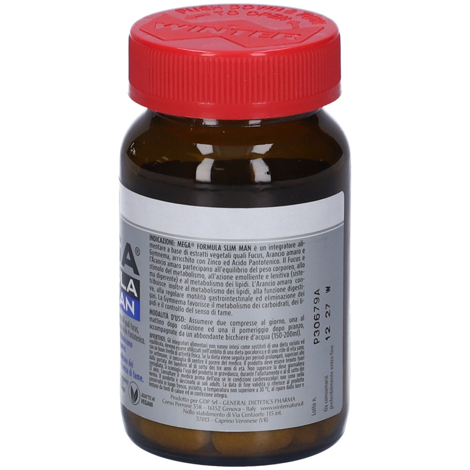 Retro del flacone marrone con tappo rosso. Contiene informazioni sugli ingredienti e l'uso.