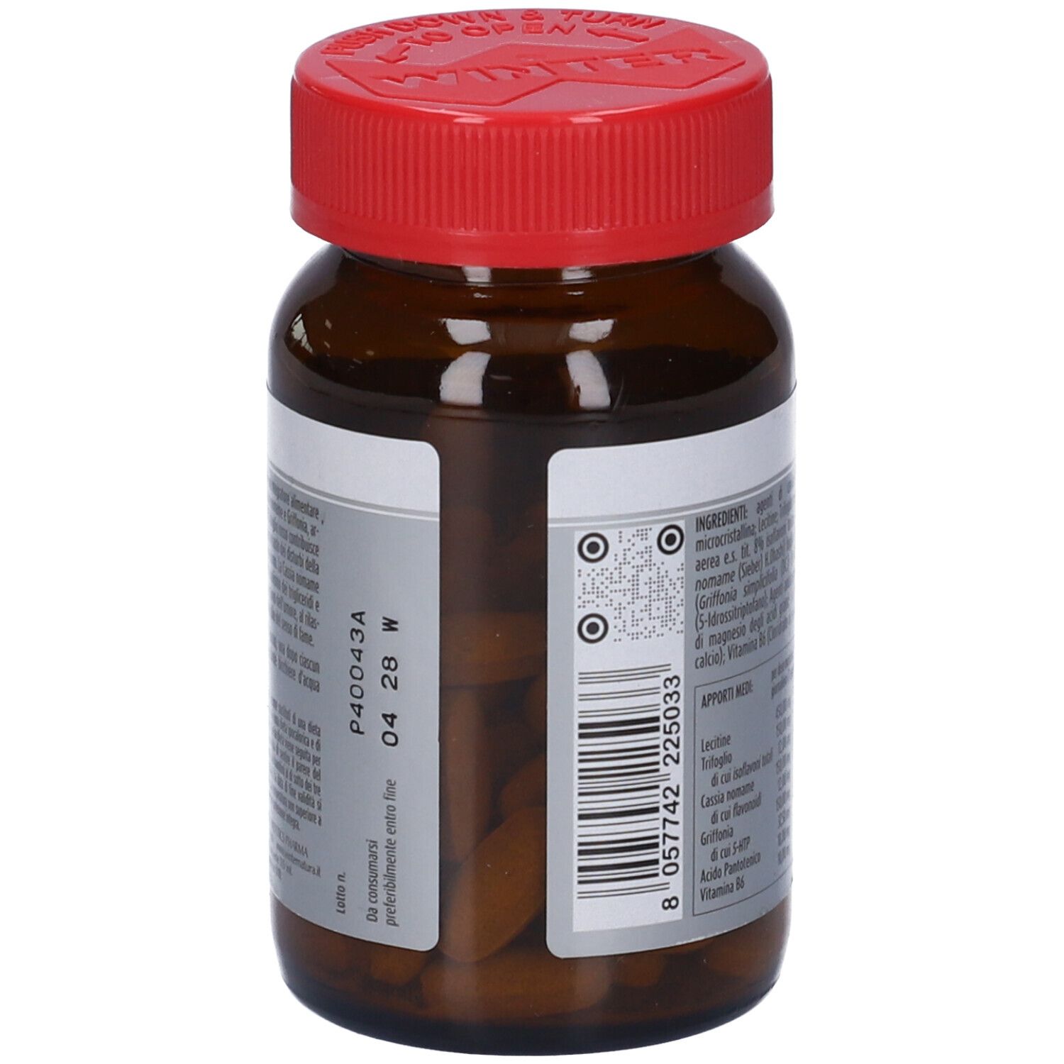 Retro del flacone con testo e codice QR. Compresse marroni visibili all'interno.