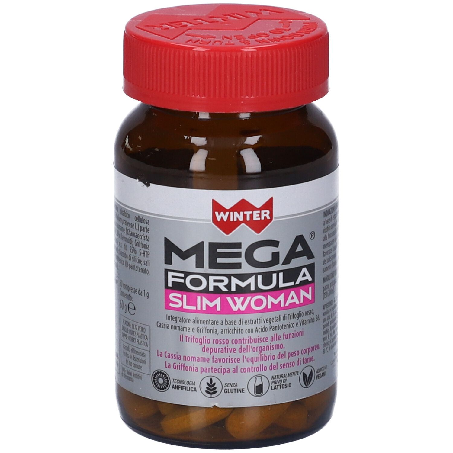 Flacone marrone con tappo rosso. Scritta: WINTER MEGA FORMULA SLIM WOMAN. Compresse visibili.