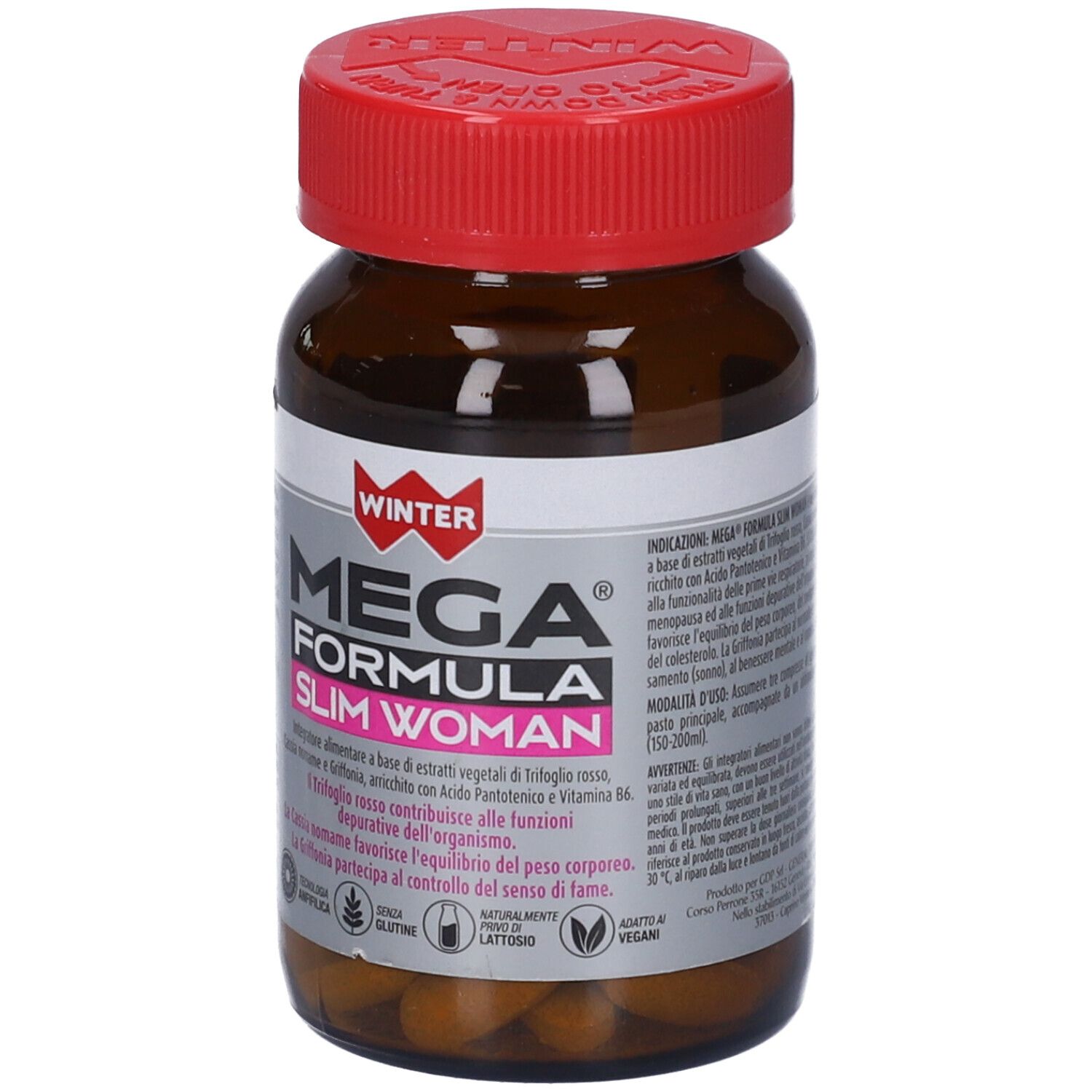 Flacone marrone con tappo rosso. Scritta: WINTER MEGA FORMULA SLIM WOMAN. Compresse visibili.