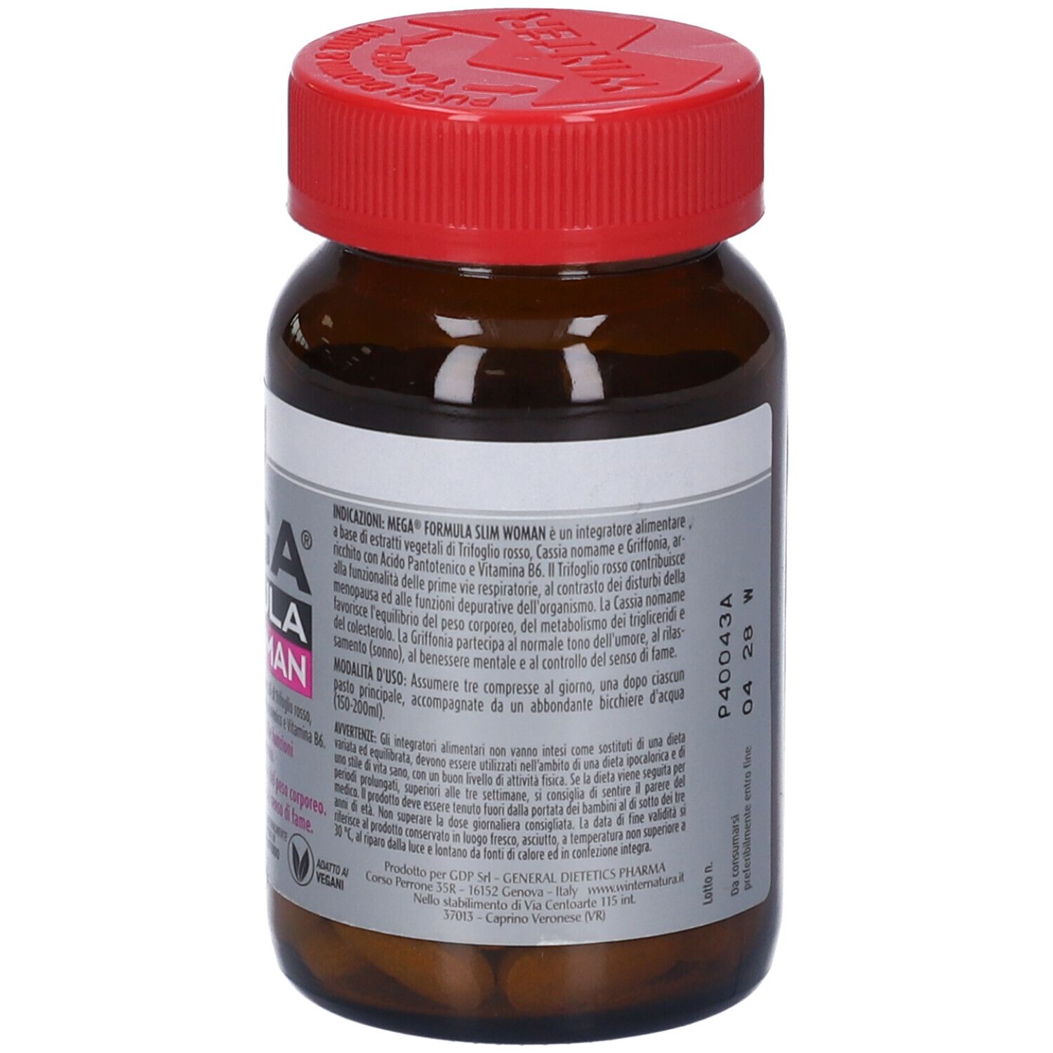 Retro del flacone con testo. Compresse marroni visibili all'interno.