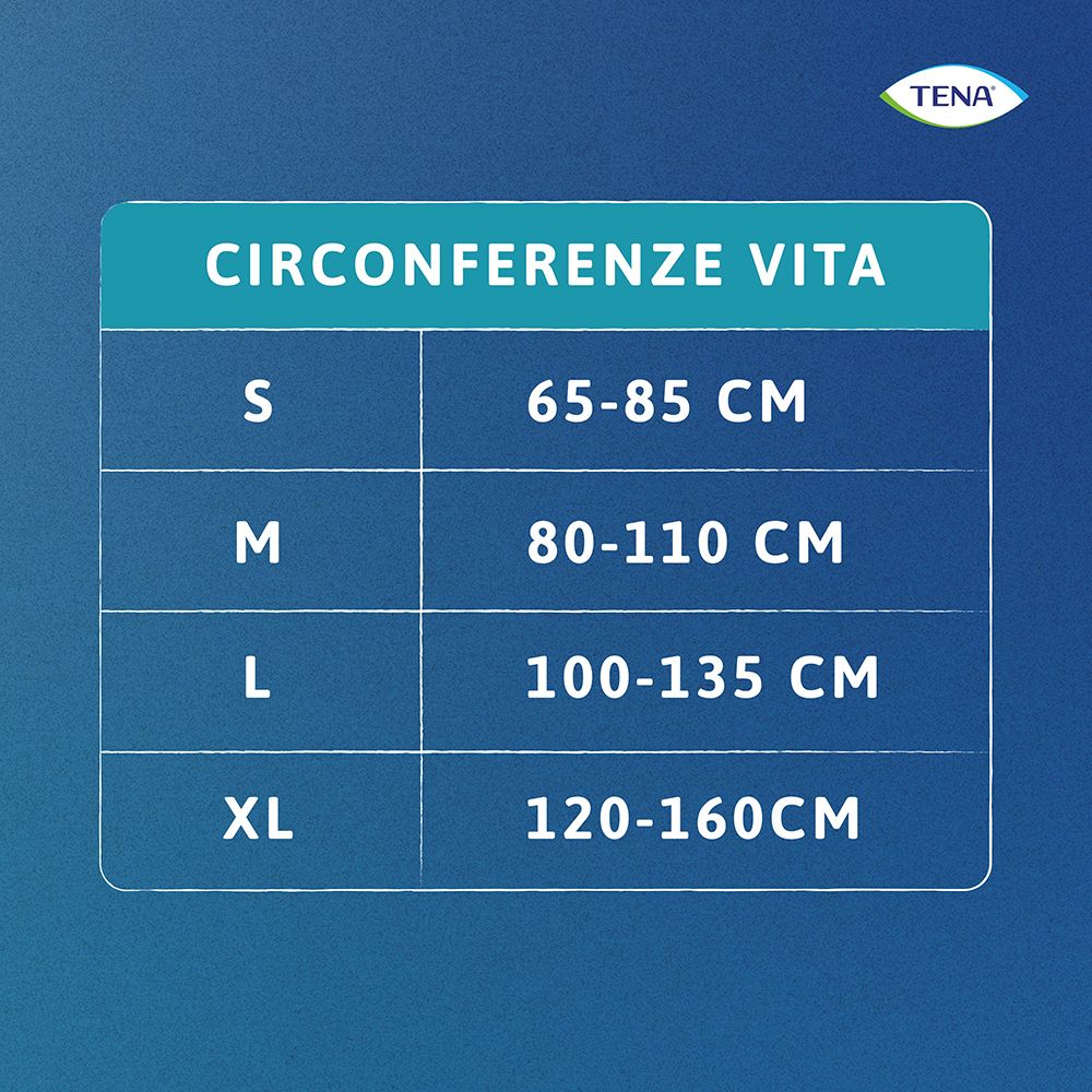 Tabella taglie per TENA Pants. Taglie S, M, L, XL. Circonferenza vita in cm.