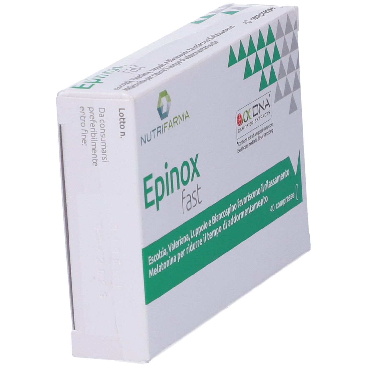 Scatola Epinox fast, in diagonale. Confezione verde e bianca con nome e logo del prodotto. Contiene 40 compresse.