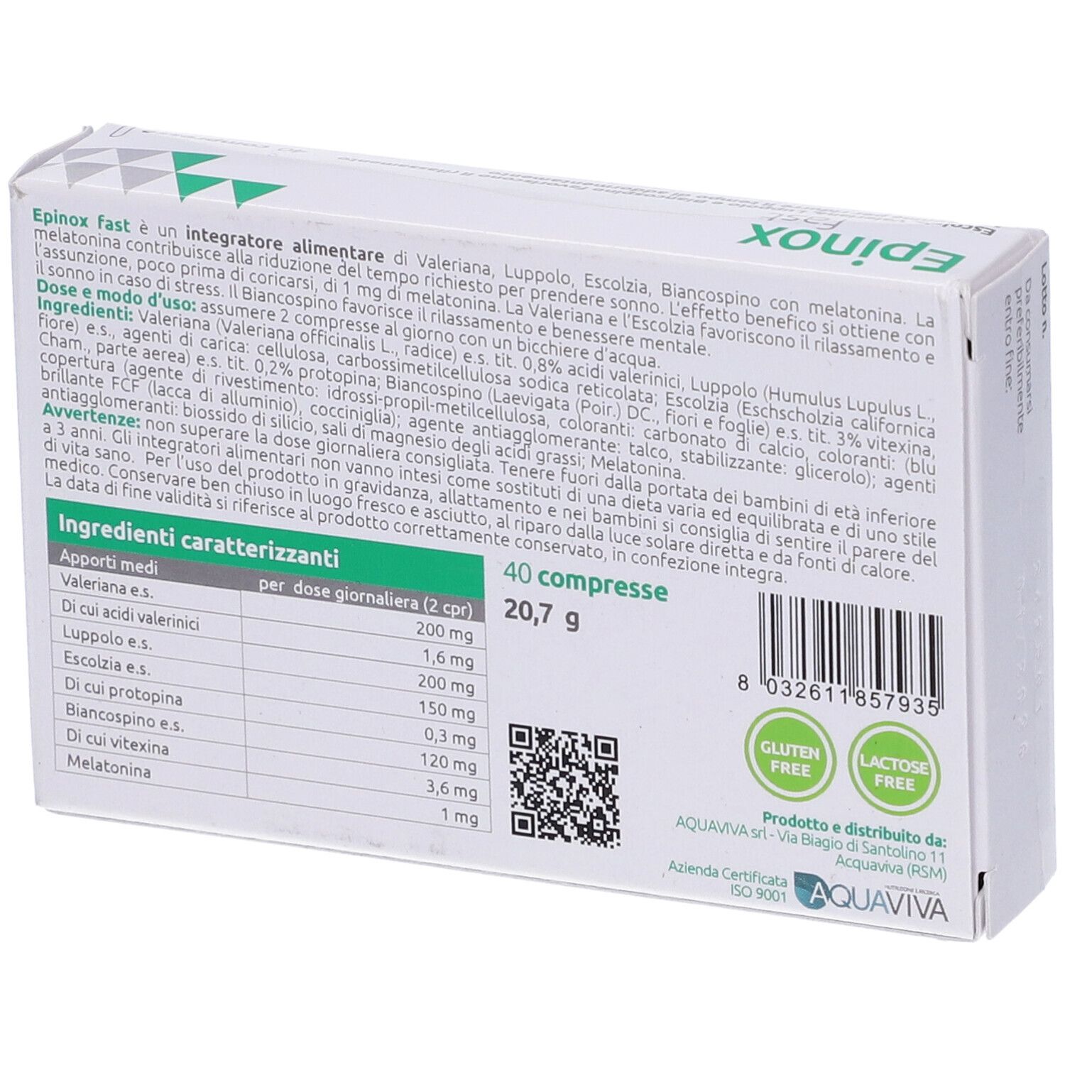 Retro della scatola Epinox fast. Contiene informazioni sugli ingredienti e i valori nutrizionali. Senza glutine e lattosio.