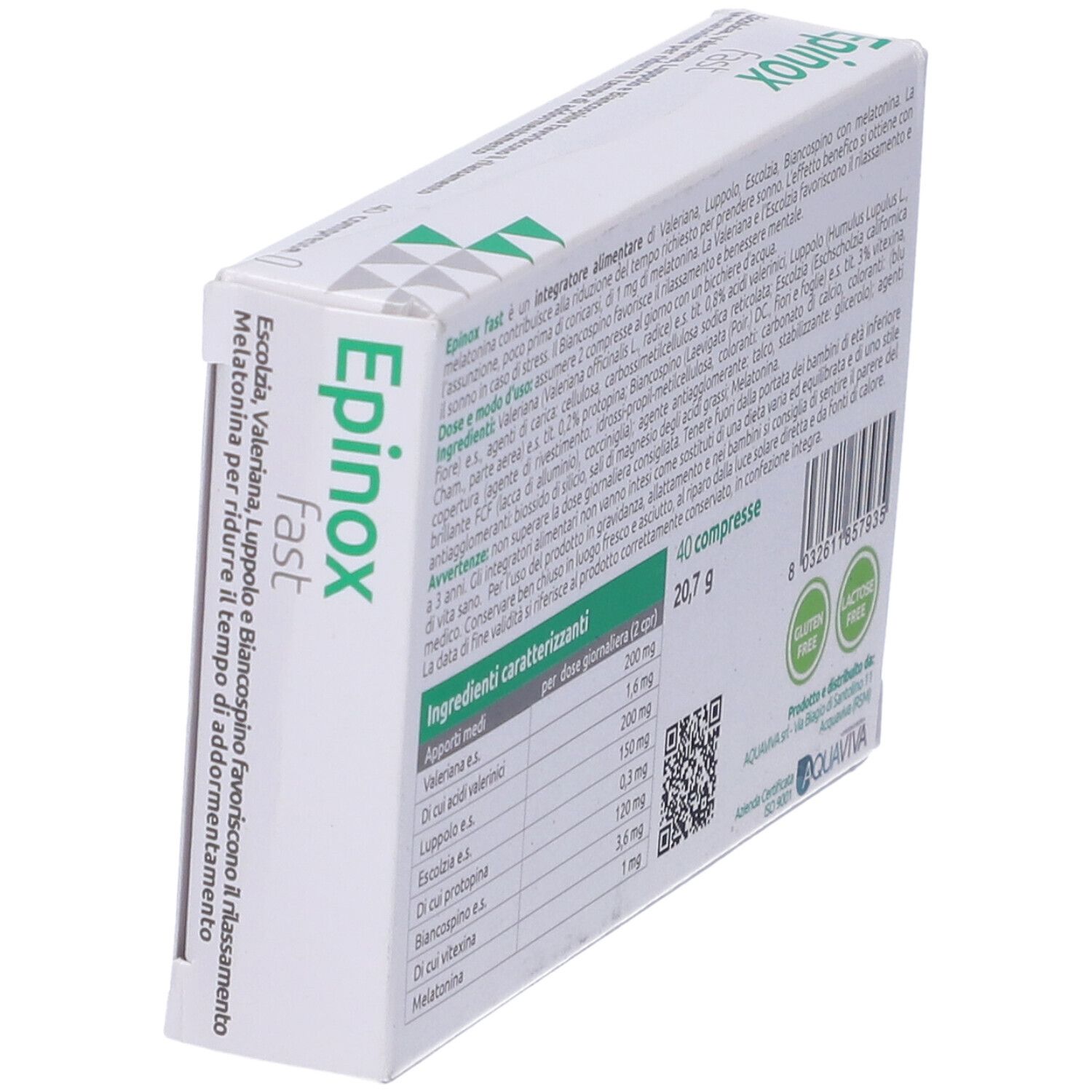 Scatola Epinox fast, in diagonale. Retro con ingredienti e valori nutrizionali. Senza glutine e lattosio.